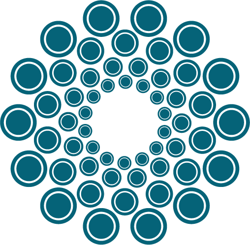 A circular pattern composed of multiple blue circles arranged in concentric rings, creating a symmetrical geometric design.