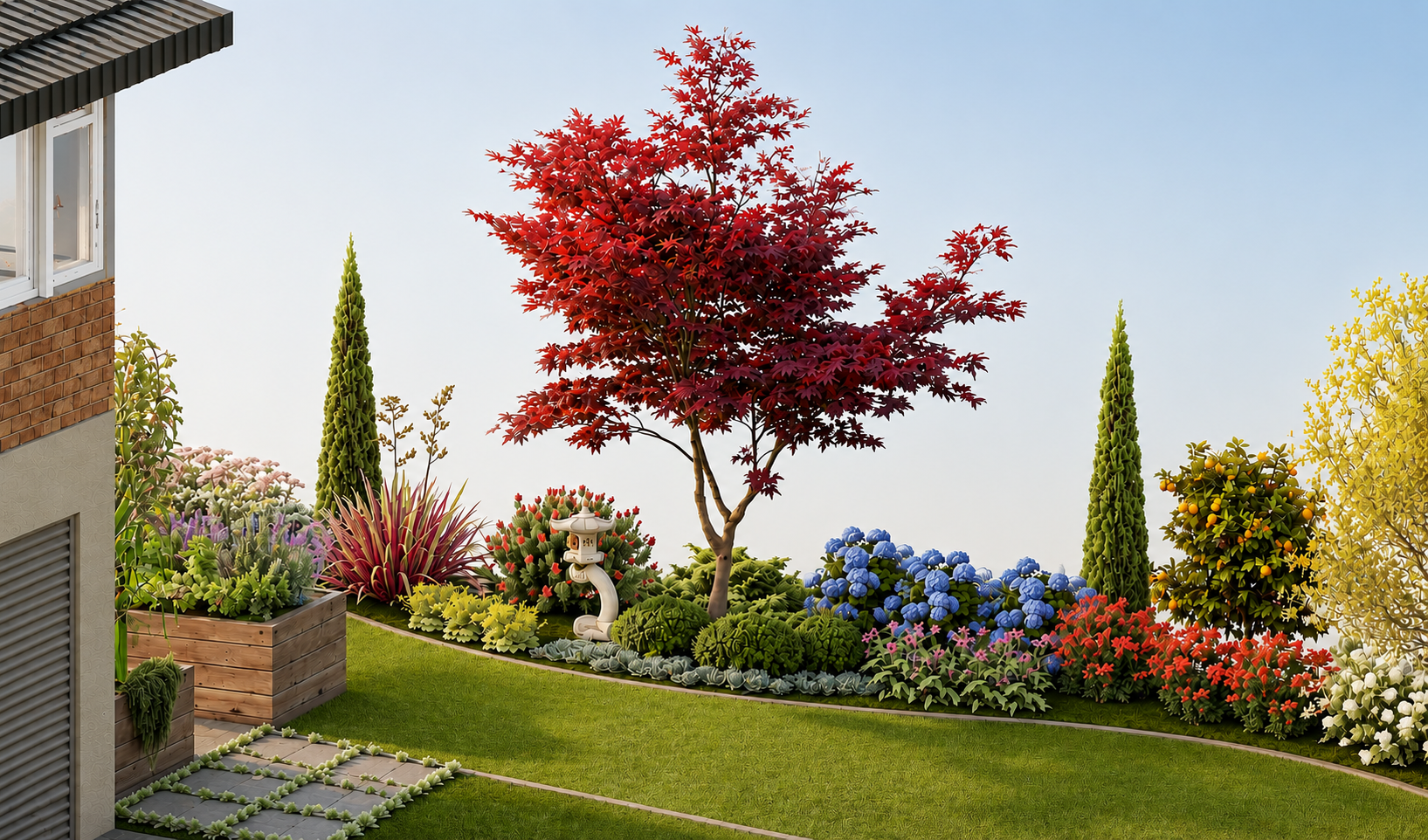 Colorful garden with red, blue, yellow, and pink flowers, a red-leafed tree, tall green cypress trees, and a small Japanese-style stone lantern, next to a house with brick and beige walls.