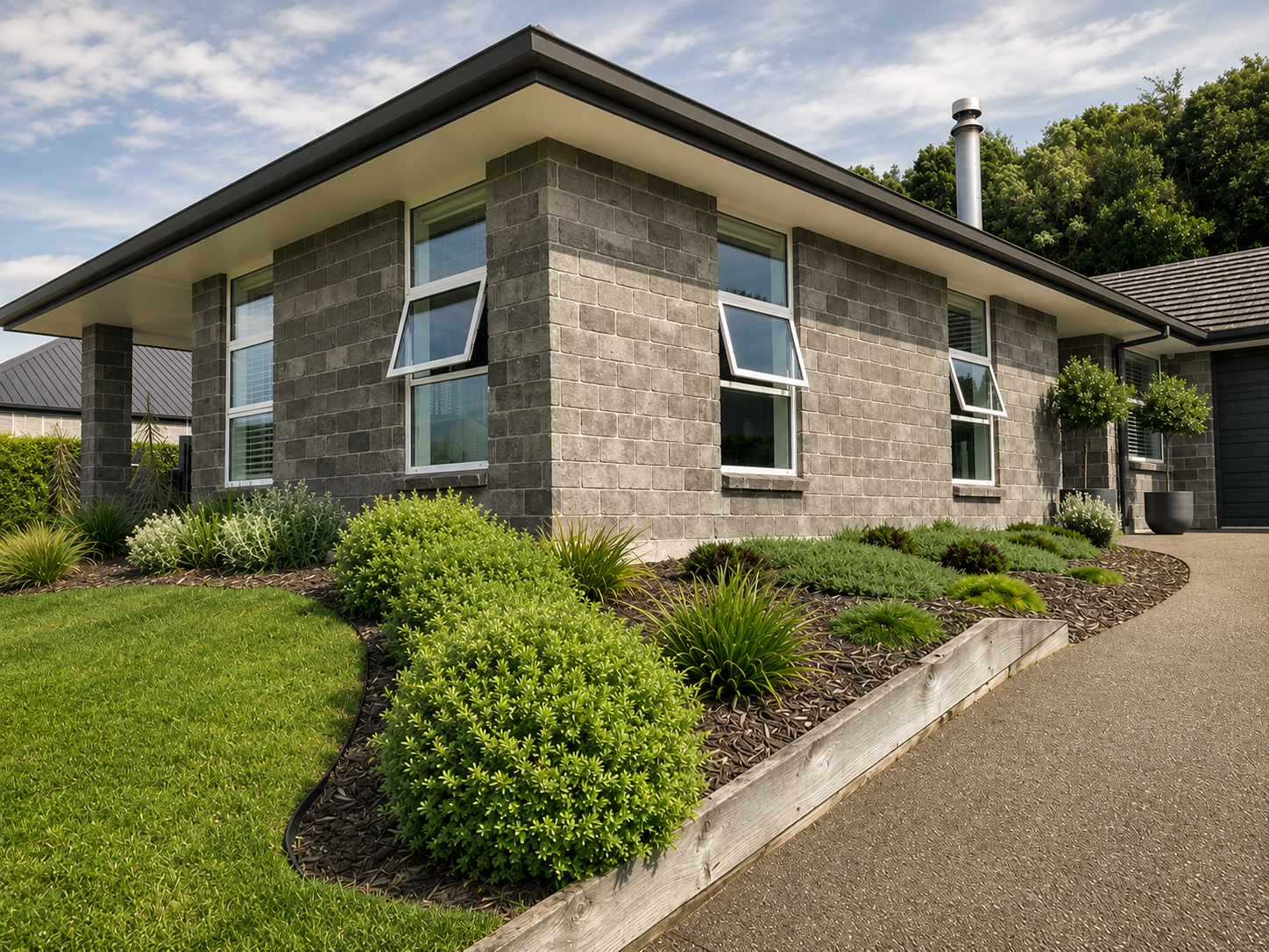 A modern house with gray brick exterior, multiple windows, and a well-manicured garden with various green shrubs and plants, along a paved driveway under a partly cloudy sky.