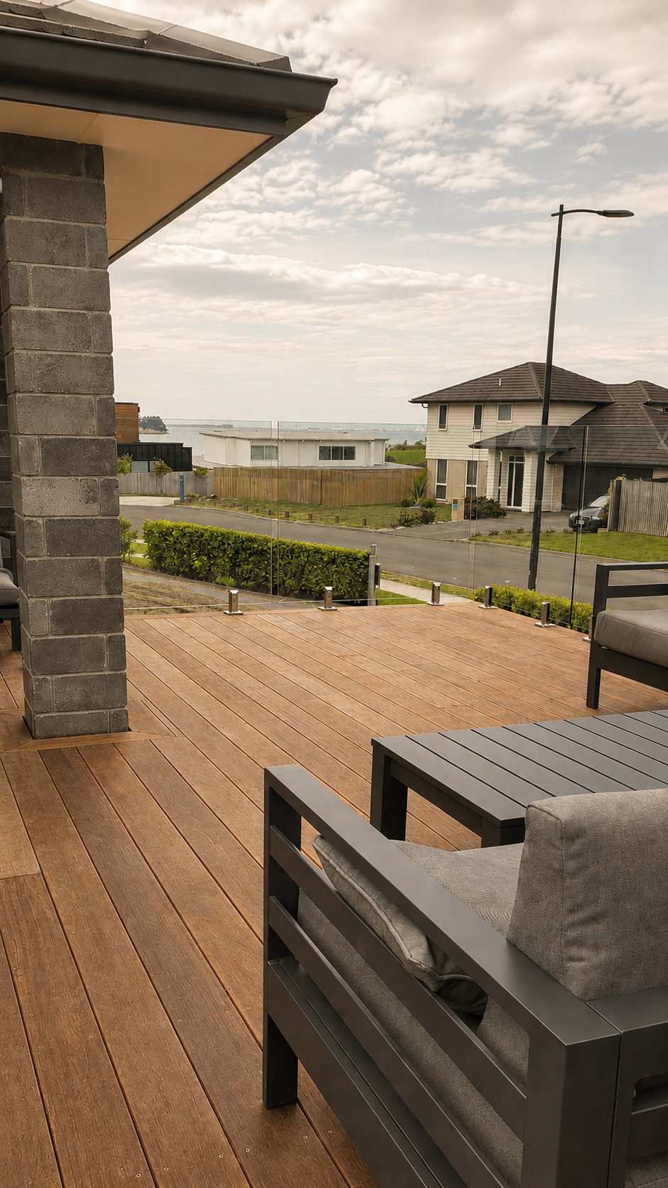 View of a wooden deck with modern outdoor furniture, including a cushioned chair and side table, overlooking a suburban neighborhood with houses, street, and distant water body and sky with clouds.