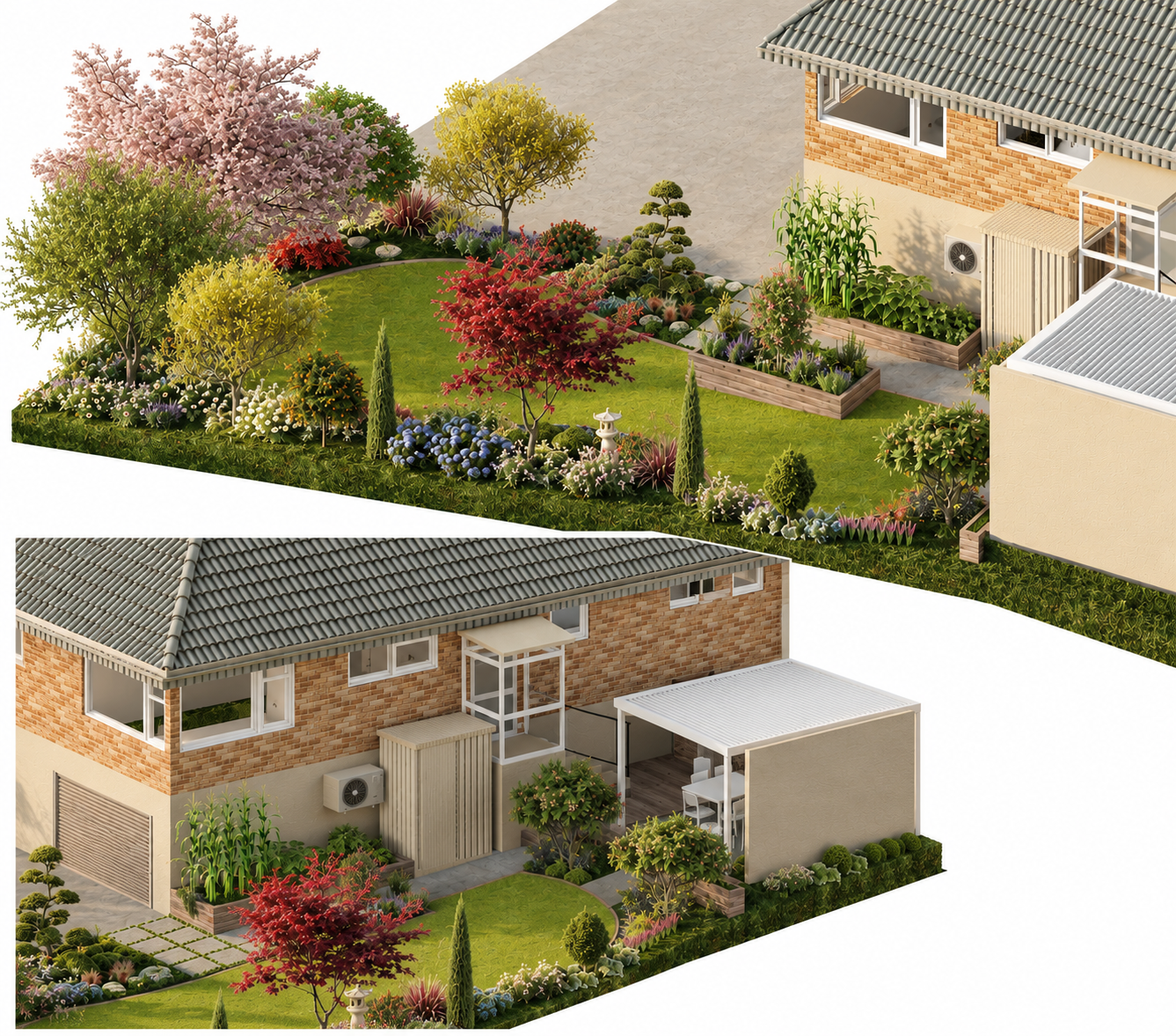 Two views of a modern backyard garden with lush green lawn, colorful flowering bushes, small trees, and a variety of plants. The garden is adjacent to two houses with brick exteriors and tiled roofs, featuring outdoor seating areas and decorative garden elements.