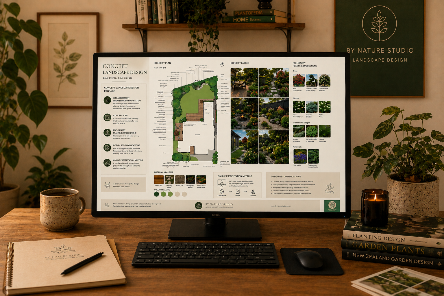 Computer monitor displays landscape design plan with images of garden plants and layout. Desk has notebooks, pen, coffee cup, books on planting and garden design, and a candle, with potted plants in background.