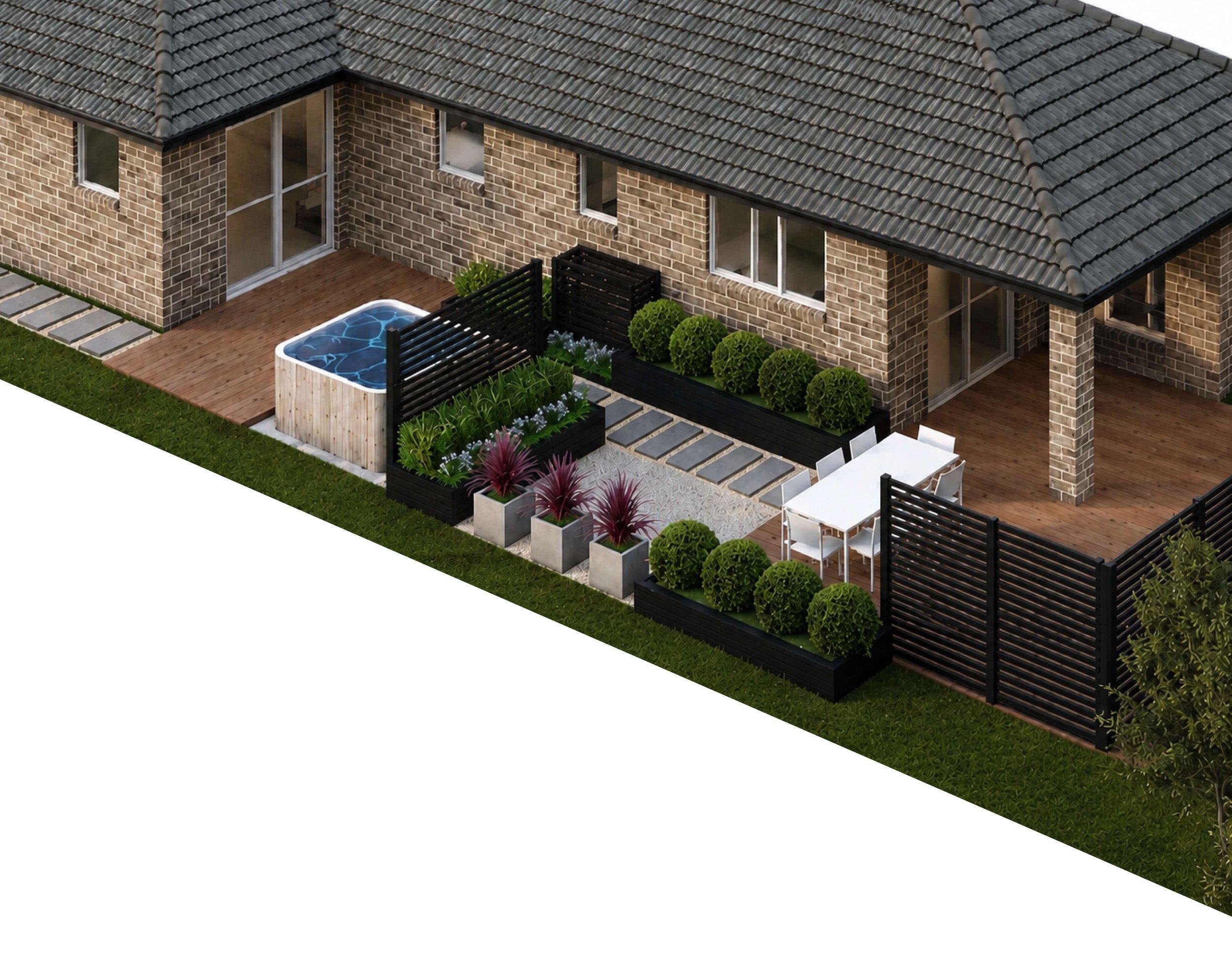 A modern residential house with a brick exterior, large windows, a tiled roof, and a wooden deck with outdoor furniture and a small swimming pool surrounded by plants.