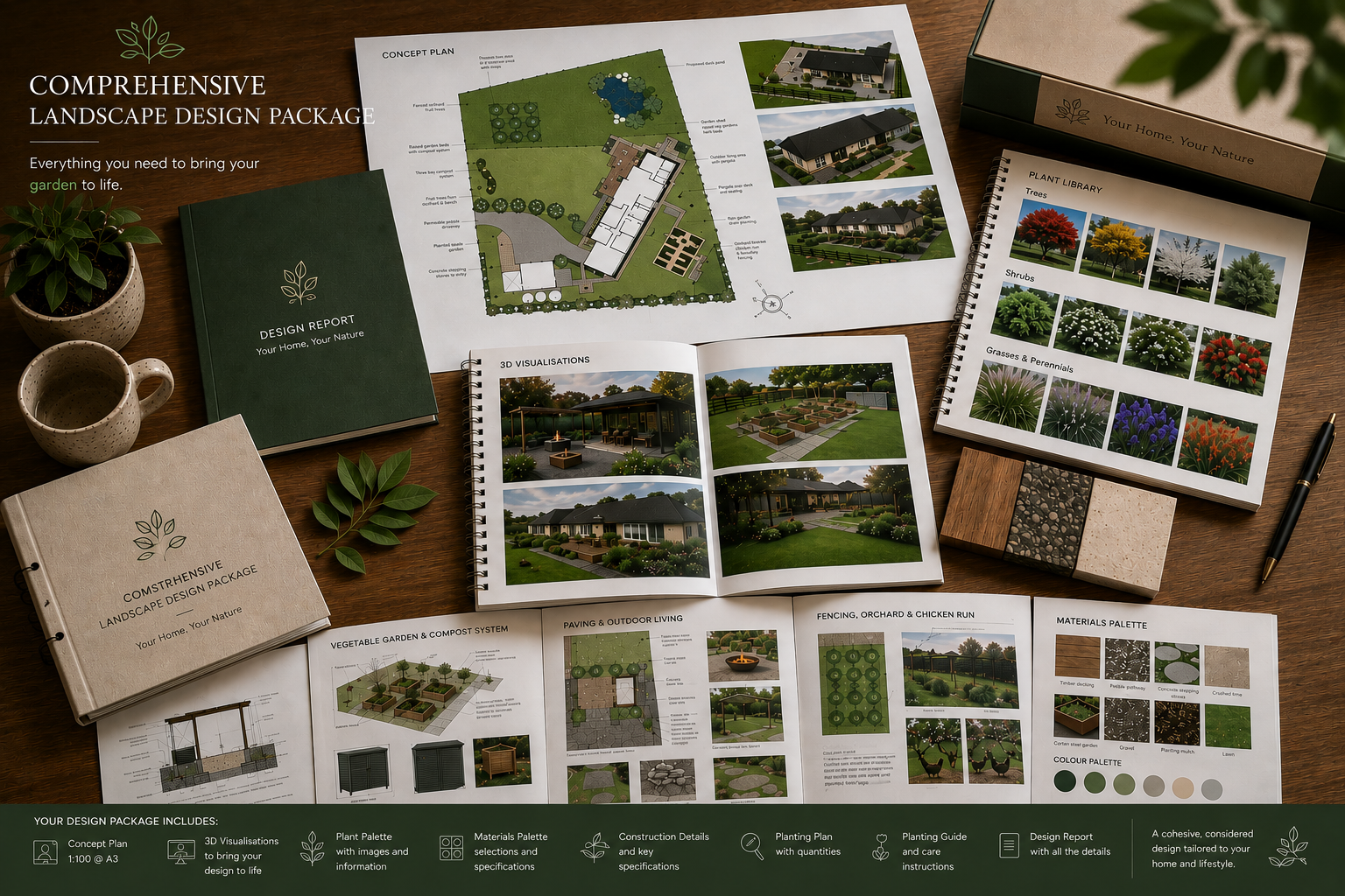 An elaborate landscape design package spread out on a wooden table, including concept plans, 3D visualizations, plant and material palettes, and detailed illustrations of outdoor features.