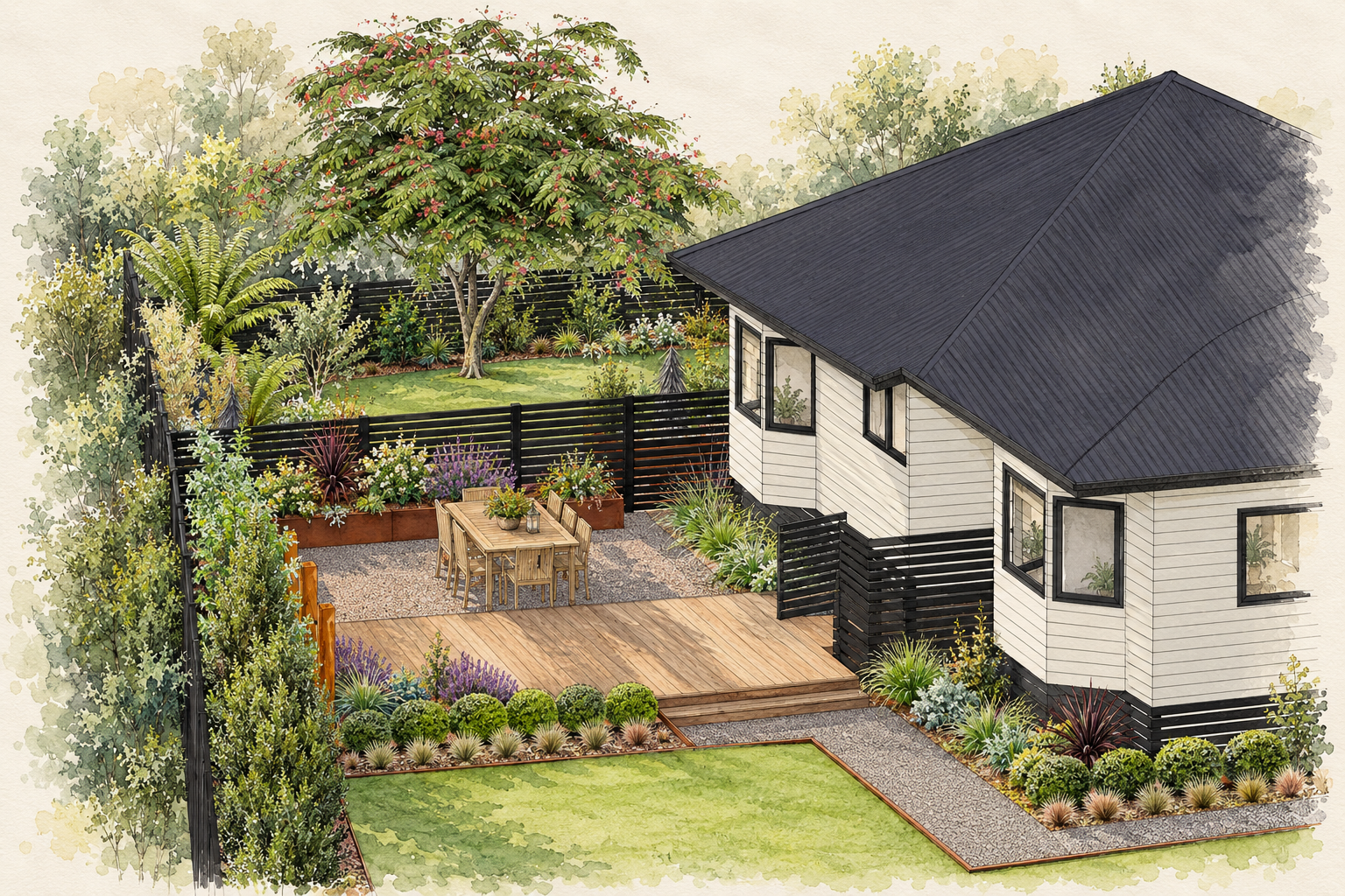 A backyard with a wooden deck, garden furniture, and landscaped garden with trees, shrubs, and flowering plants enclosed by a black fence.