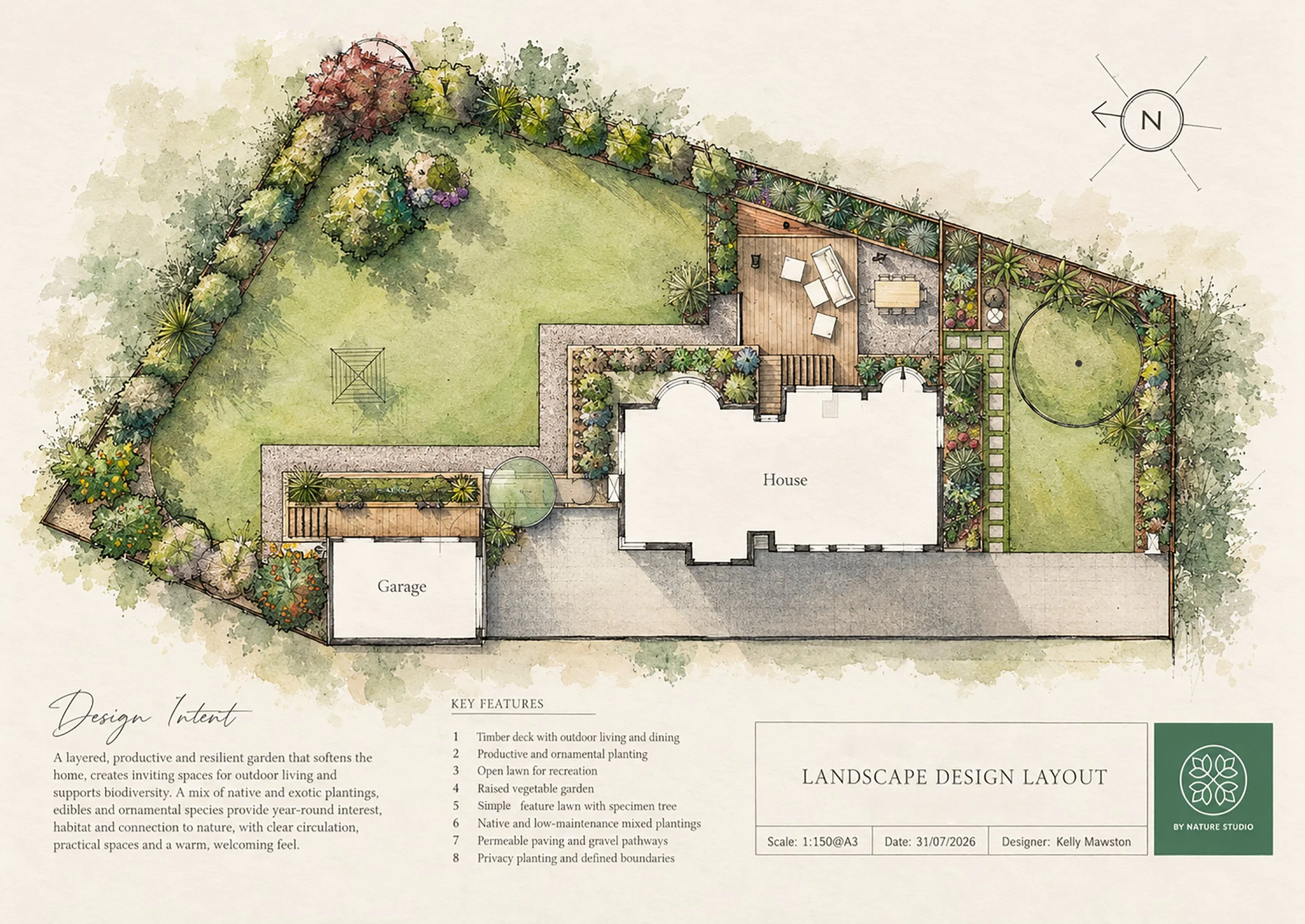 A detailed garden landscape design layout showing a house, garage, timber deck with outdoor living and dining area, open lawn, raised vegetable garden, feature lawn with specimen tree, walkways, boundary plantings, and various trees and plants around the perimeter.