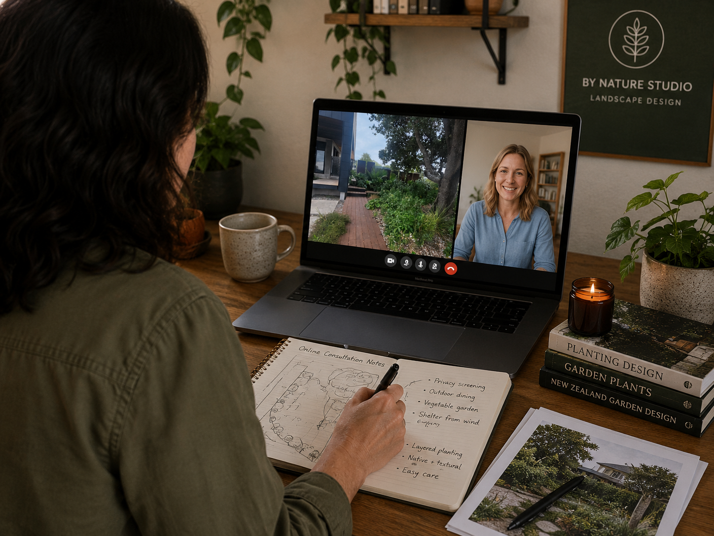 A person on a video call at their desk, taking notes on a notebook with a sketch of a garden landscape. The desk has books about planting and garden design, a potted plant, a candle, and a printed photo of a house and garden.