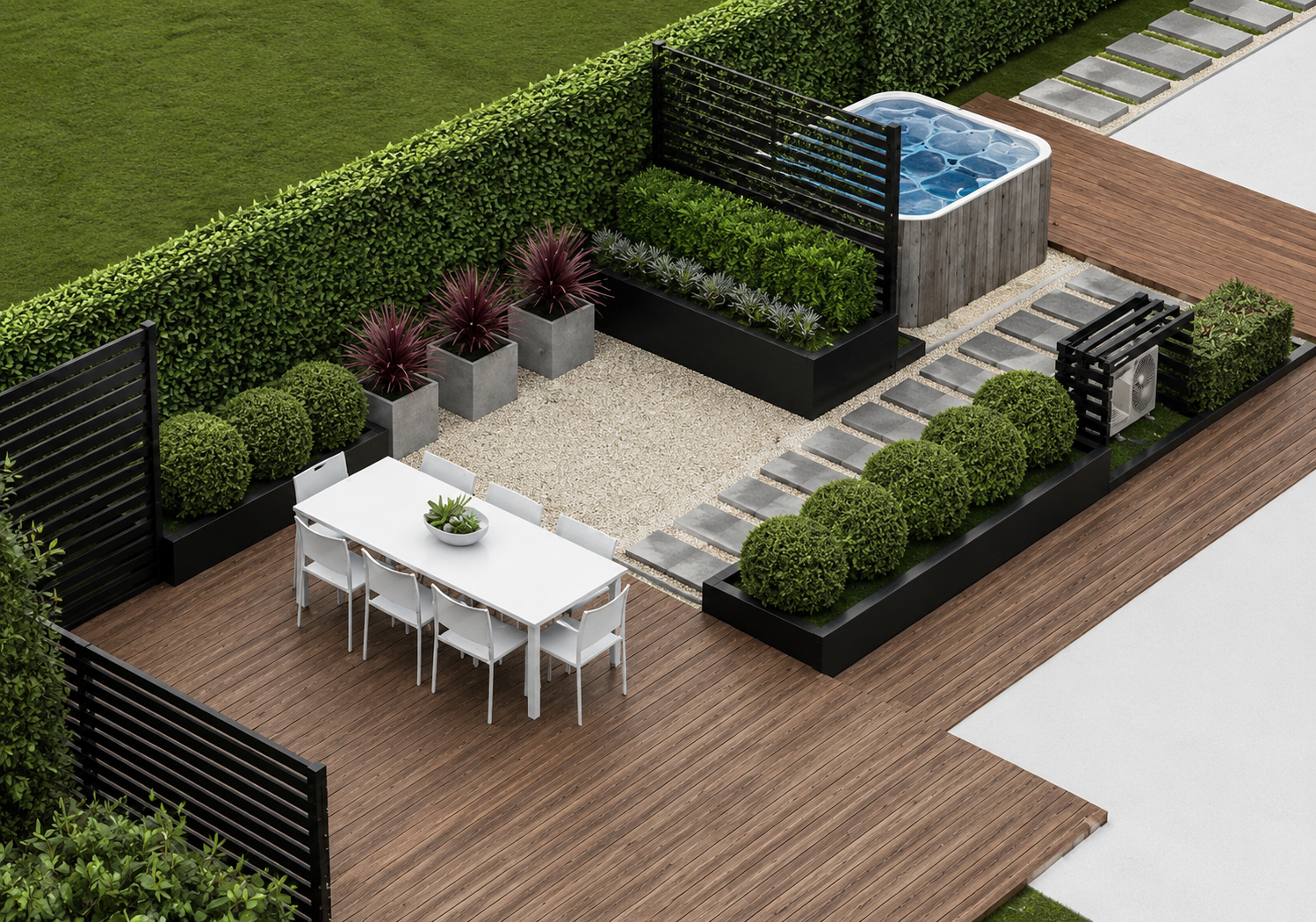 Modern backyard with wooden deck, outdoor dining table and chairs, landscaped planters with bushes and purple plants, gravel area, stepping stones, hot tub, and privacy fencing.