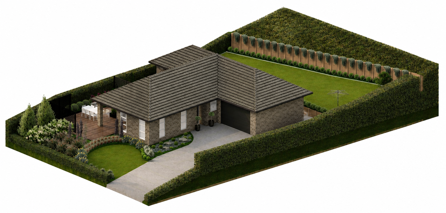 A 3D rendering of a suburban house with a brick exterior and a tile roof, surrounded by a landscaped yard with a driveway, patio, and well-maintained garden, enclosed by a tall hedge.