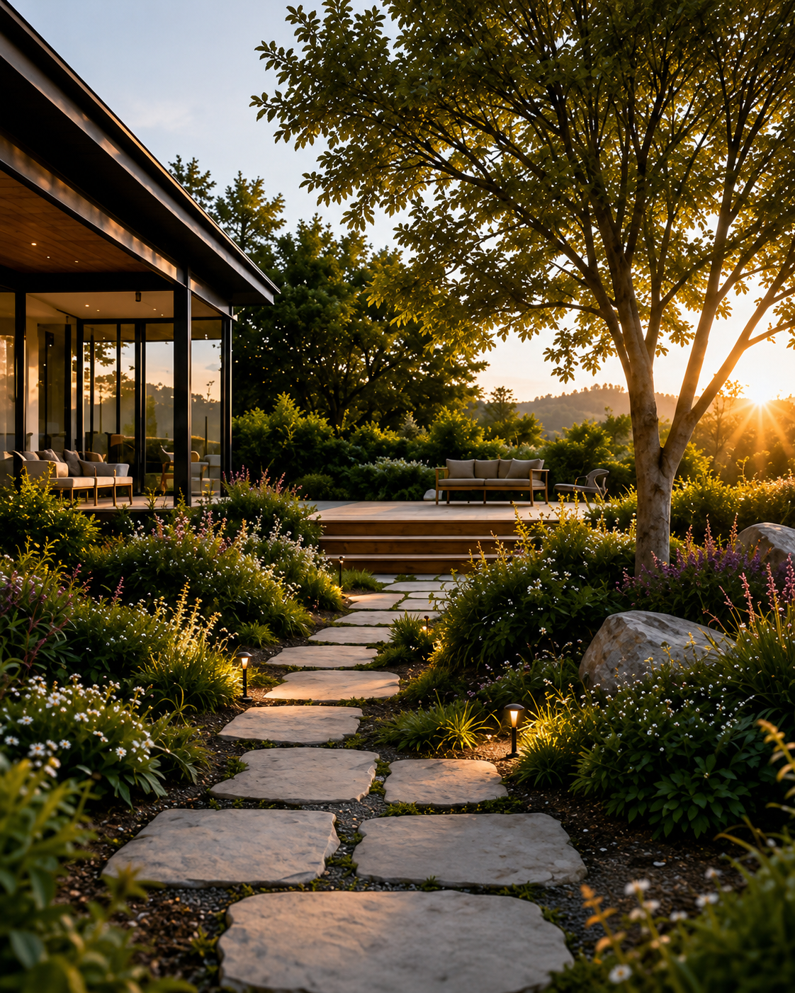 Sunset view of a backyard garden with a stone pathway, lush greenery, trees, and outdoor seating on a wooden patio.