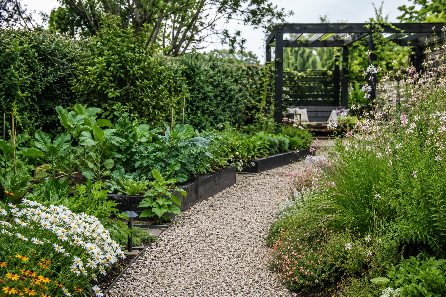 A lush, green garden pathway bordered by flowering plants and shrubs, with a black wooden garden structure at the end of the path.