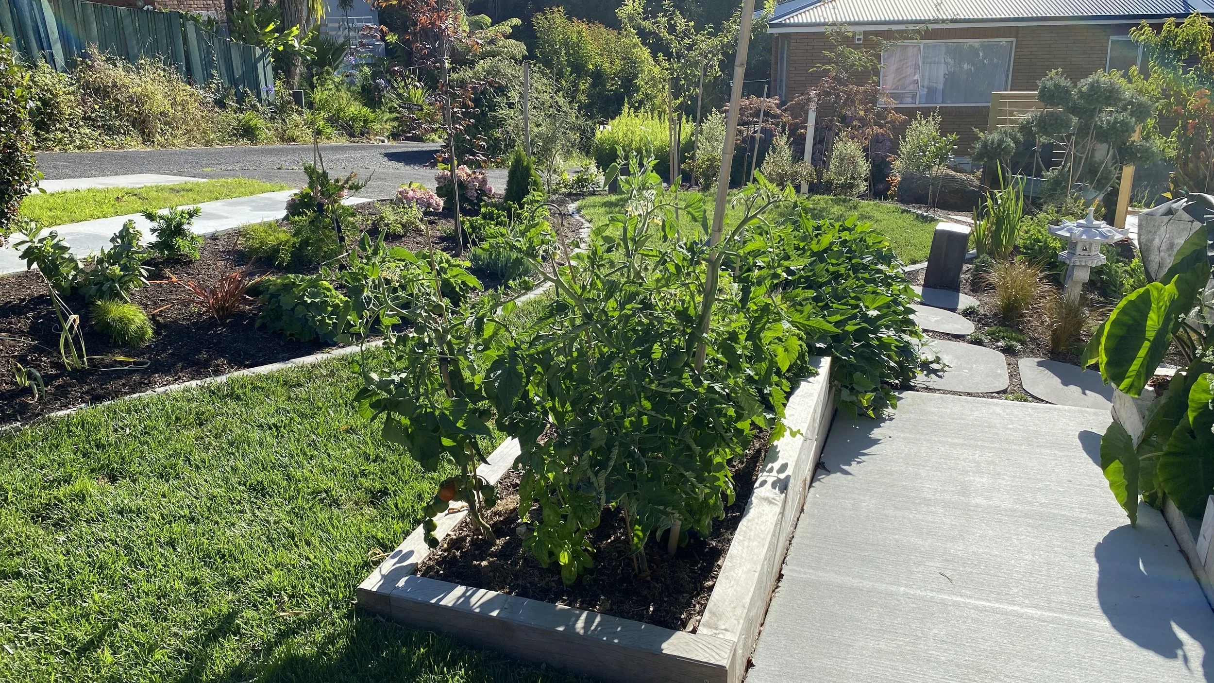 A backyard garden with planting beds filled with various vegetables and plants, a concrete walkway, a brick house with large windows, and a lush green lawn. There are decorative garden ornaments and trellises supporting climbing plants.