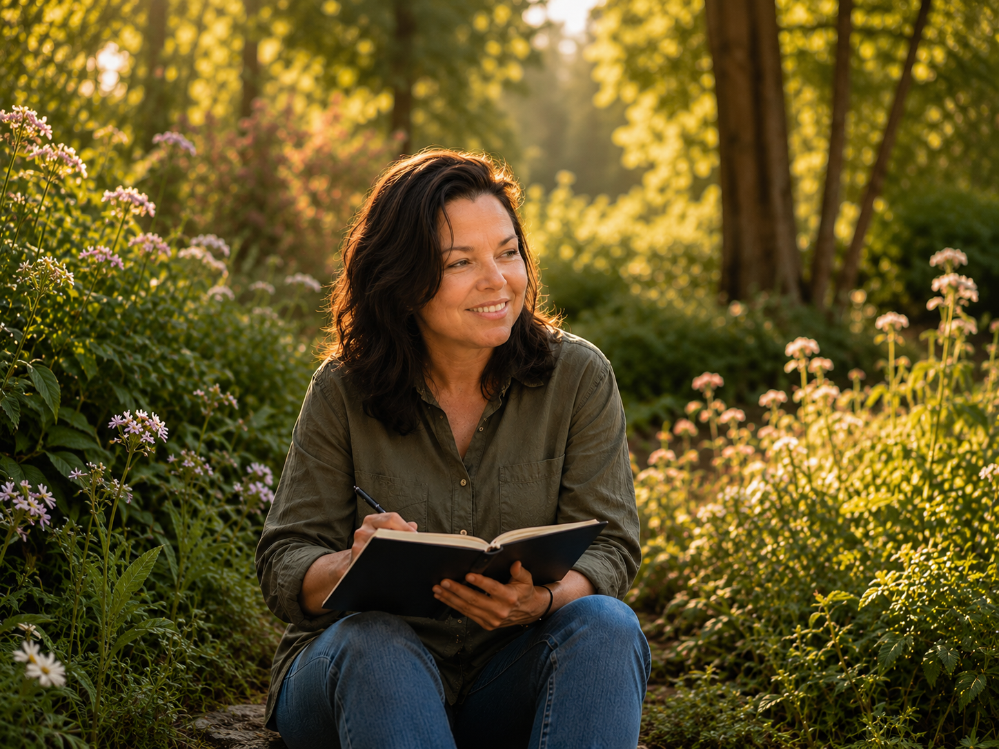 A woman sitting outdoors in a garden, holding a notebook and pen, smiling as she looks to her left, with flowers and trees in the background during sunset.