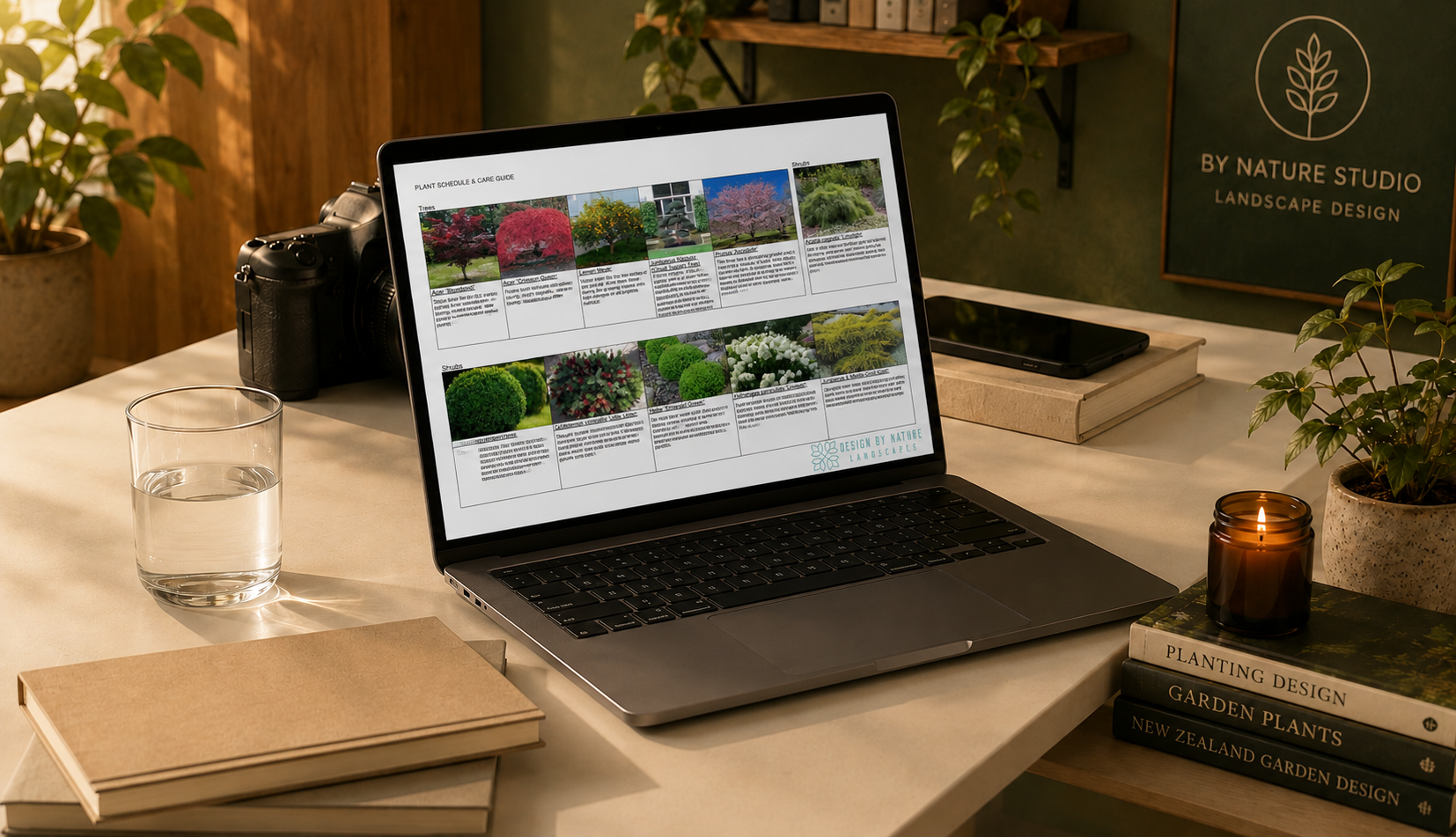 A workspace with a laptop displaying a landscape design plan, a glass of water, books on planting and garden design, a candle, a camera, and potted plants, with a green sign in the background reading 'BY NATURE STUDIO LANDSCAPE DESIGN'.