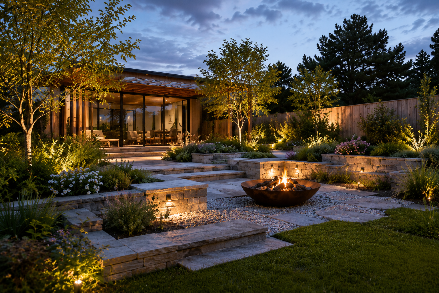 A beautifully landscaped backyard at dusk with a fire pit, stone steps, lush plants, and a glass-enclosed patio in the background.