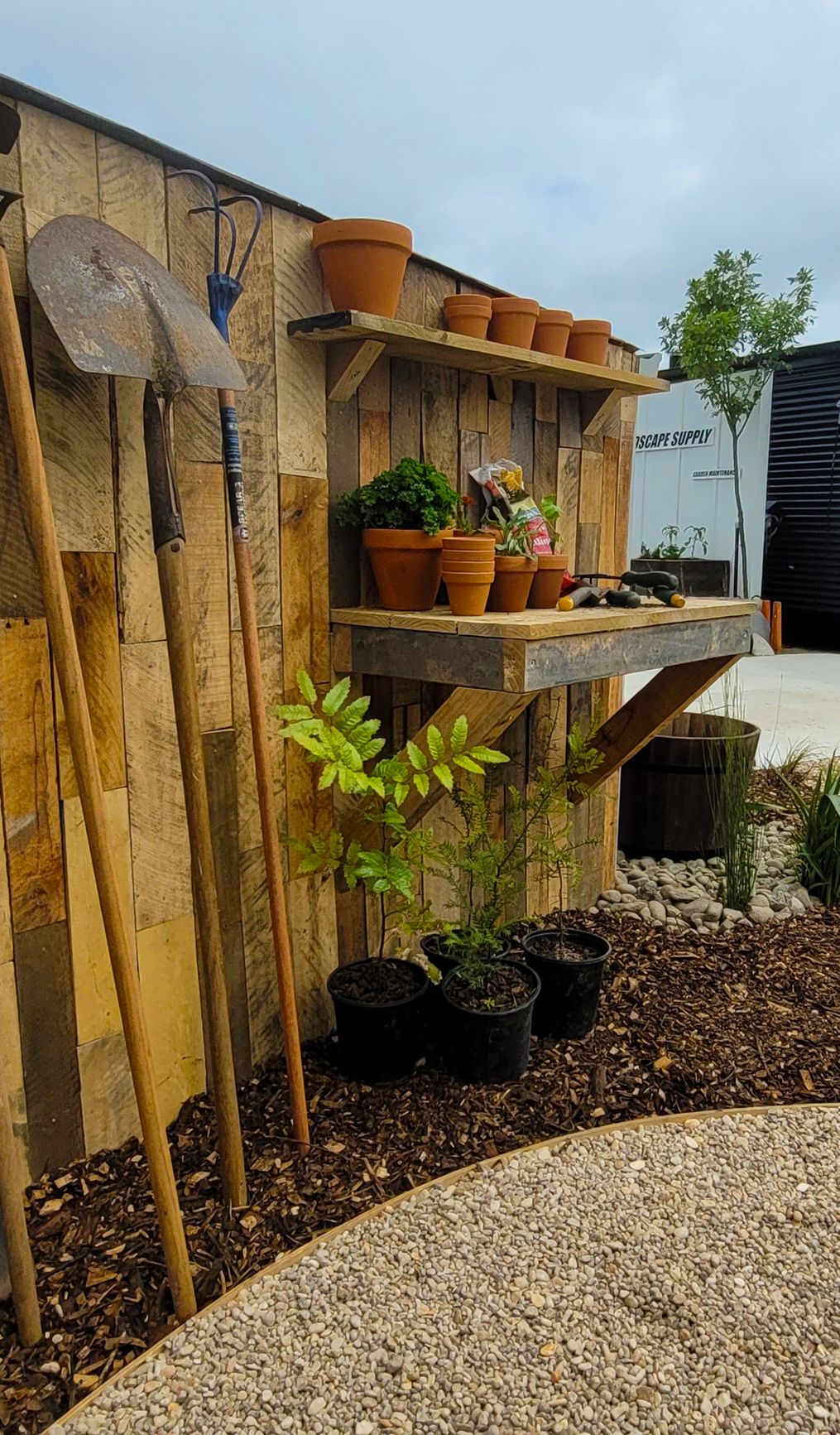 A garden corner with tools, potted plants, and a wooden shelf against a wooden wall, with a gravel pathway in the foreground.