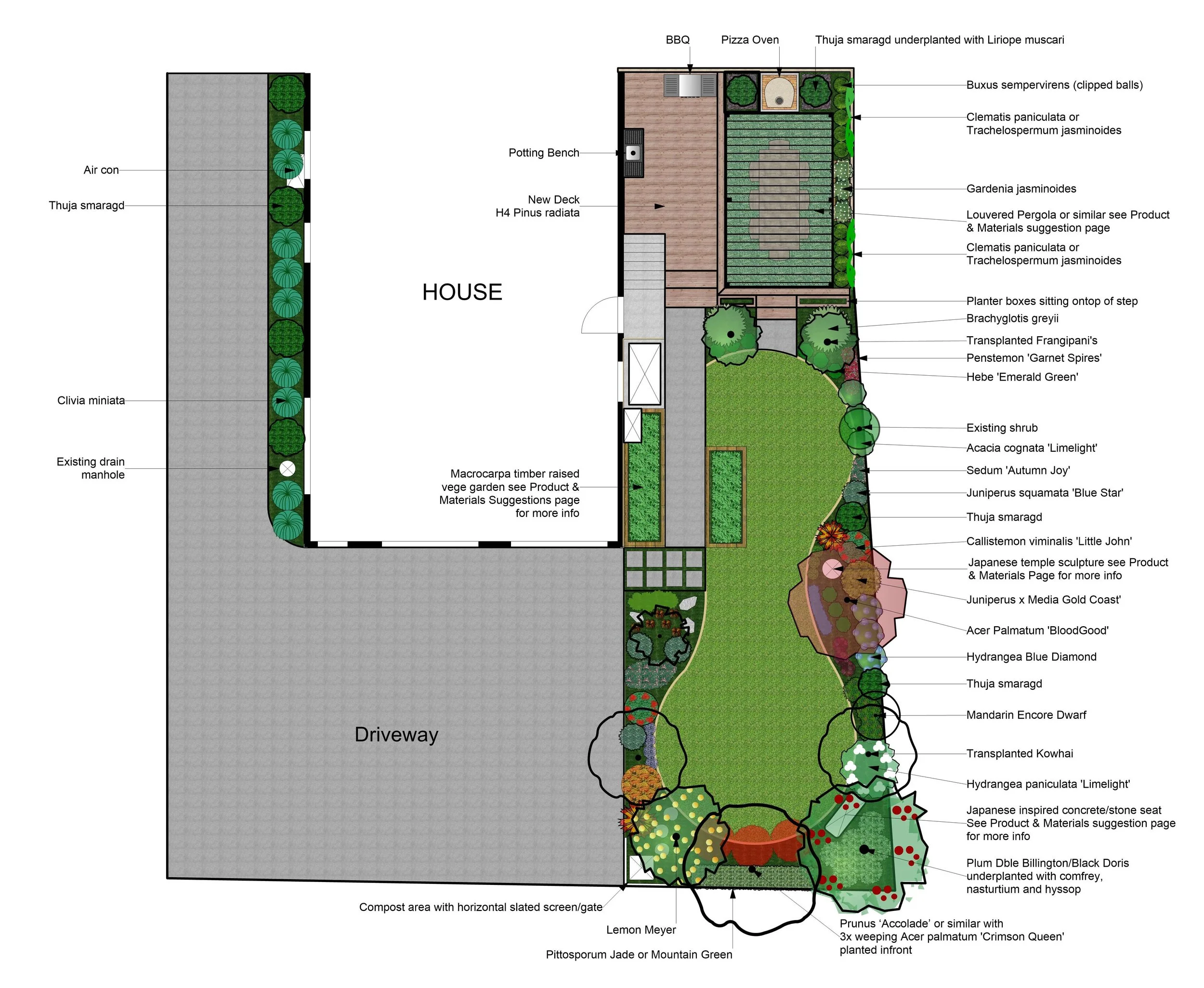 A detailed landscape design plan for a residential backyard, featuring various plants, trees, a deck with a potting bench, a barbecue area, a garden with clematis and gardenias, planter boxes, a lawn area, a pond, pathways, a seating area, and labels for specific plant varieties and structural elements.