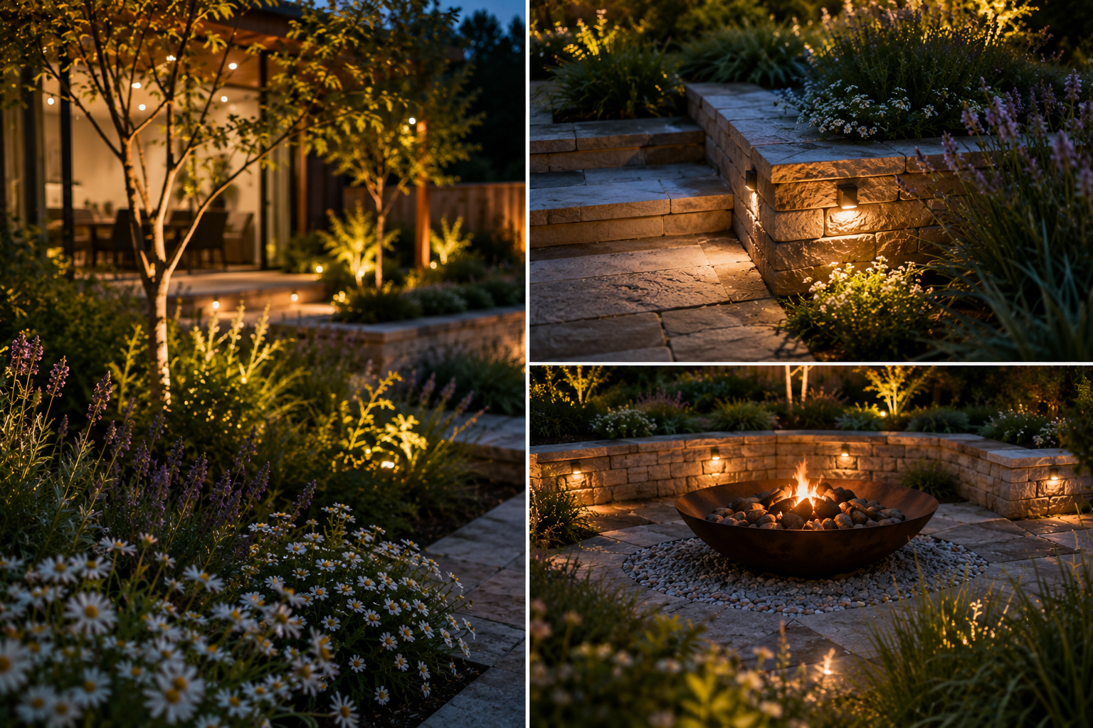A beautifully illuminated backyard at night featuring a fire pit with a burning fire, surrounded by stonework, flowers, shrubs, and trees, with outdoor lighting highlighting the landscape.