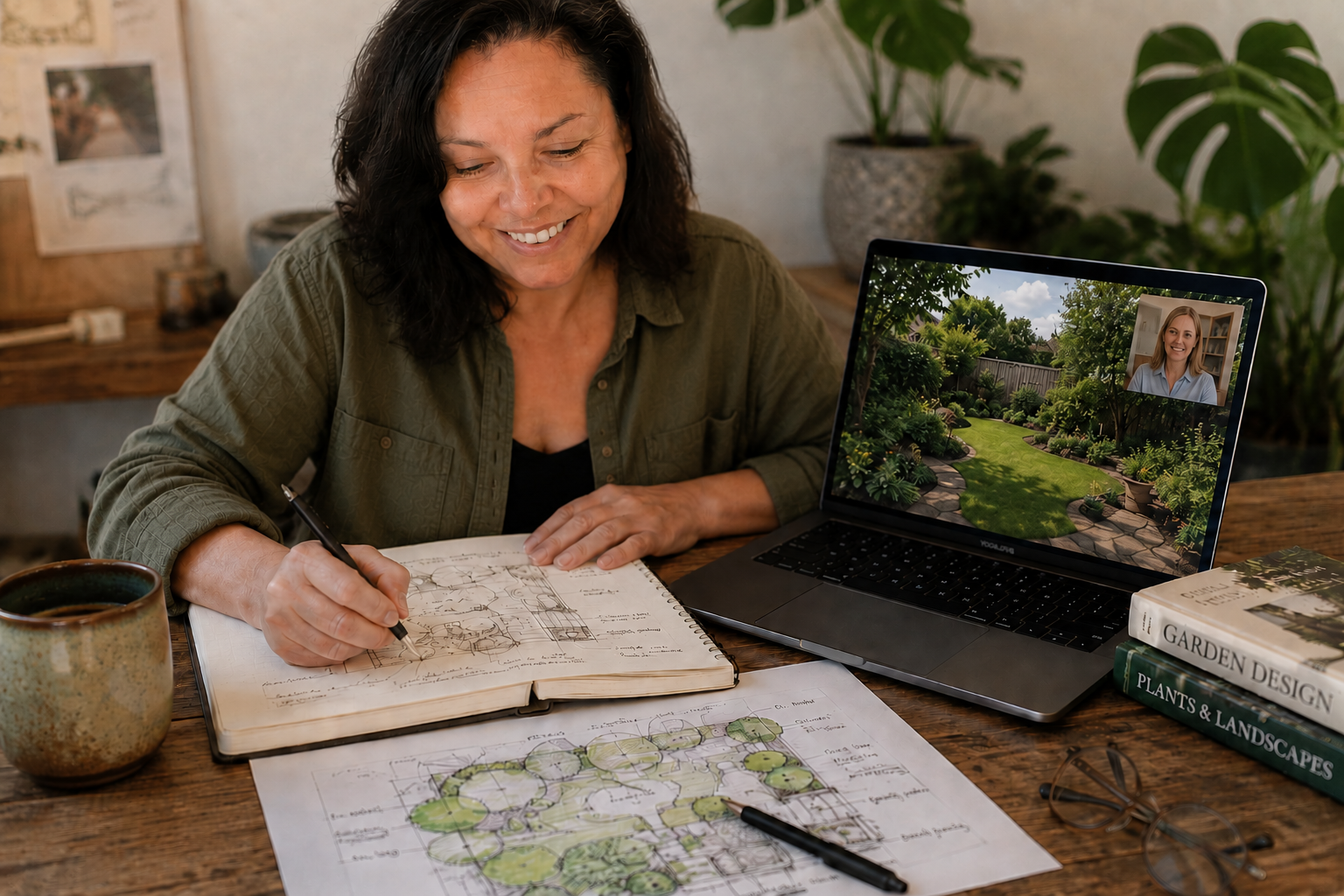 Woman sitting at a wooden desk during a video call on her laptop, surrounded by gardening books and plant sketches, working on garden design plans.