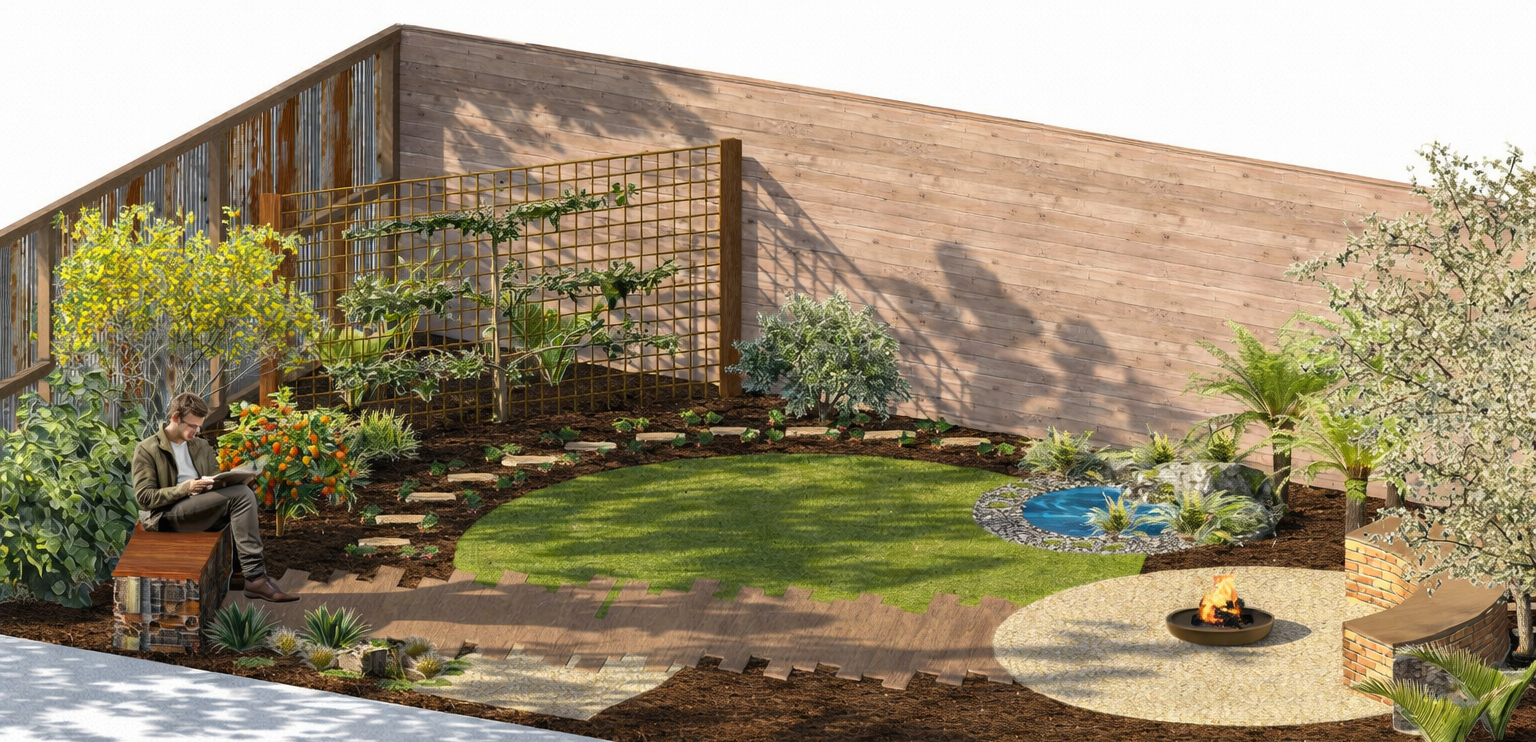 A landscaped backyard garden with a man sitting on a bench, reading, surrounded by various plants, trees, a small pond with aquatic plants, a fire pit, and a wooden fence and wall in the background.