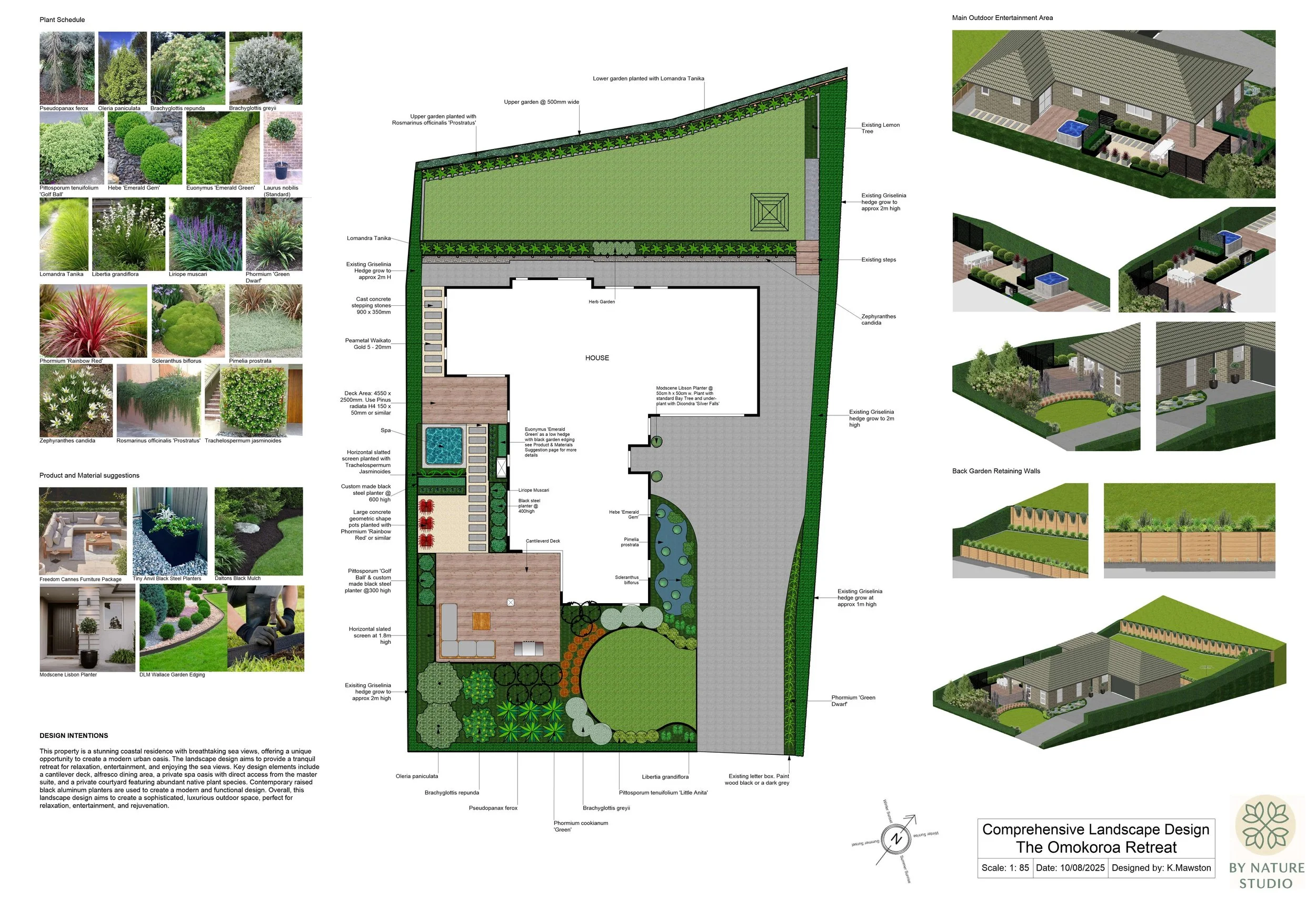 A detailed landscape design plan for The Omokoroa Retreat, a coastal residence, showing plant schedules, garden layouts, outdoor entertainment areas, and 3D renderings of the outdoor space, with specific plant types and structural elements labeled.