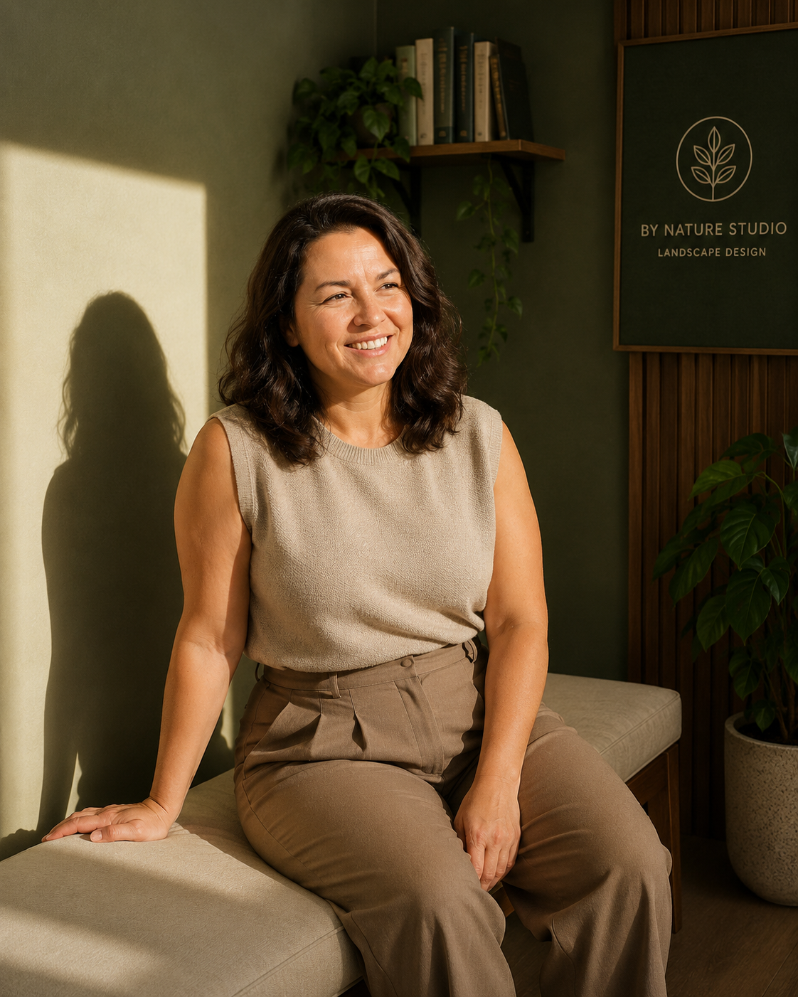 A woman with dark wavy hair, wearing a sleeveless beige top and brown pants, sitting on a bench in a room with a green wall and shelves of books in the background, smiling.
