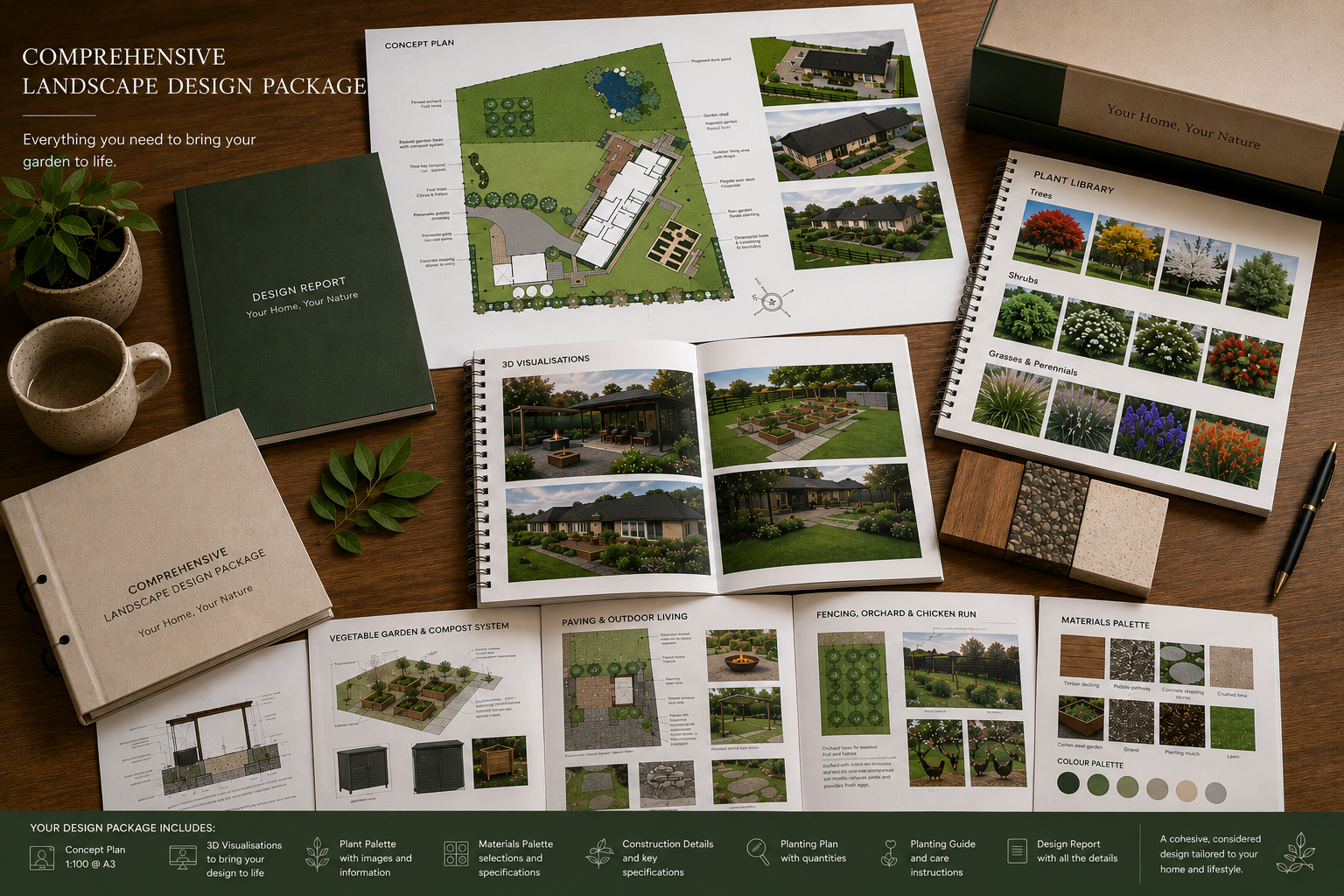 An organized workspace with landscape design plans, sample materials, a plant, cups, and notebooks for a comprehensive landscape design project.