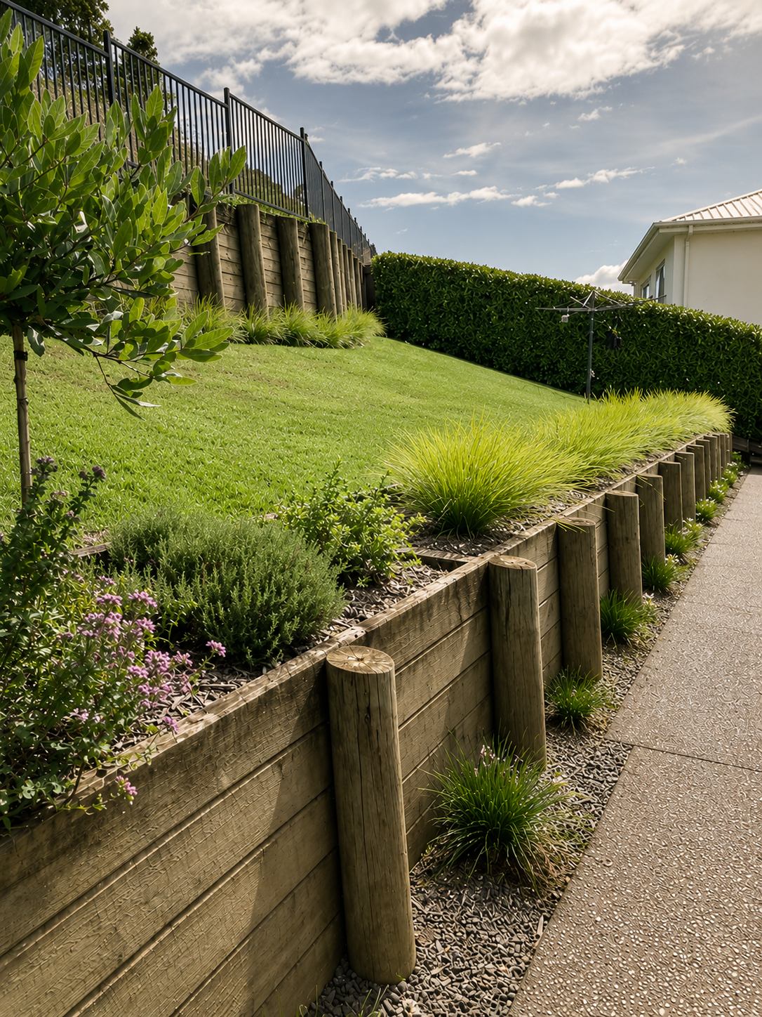 A landscaped garden with a wooden retaining wall, green shrubs, grass, and plants along a pathway under a partly cloudy sky.