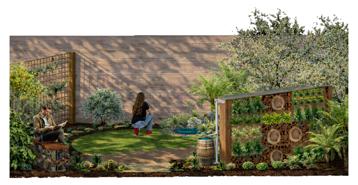 A backyard garden scene with a man reading a book on a bench, a woman kneeling on a grassy patch, a small pond, a wooden fence, a vertical wooden garden wall with plants and cut-out tree trunk sections, a barrel, and various plants and trees