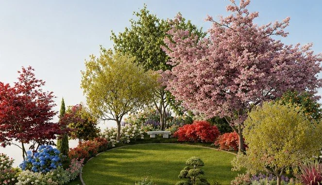 A colorful garden with various flowering trees and shrubs surrounding a well-manicured lawn.