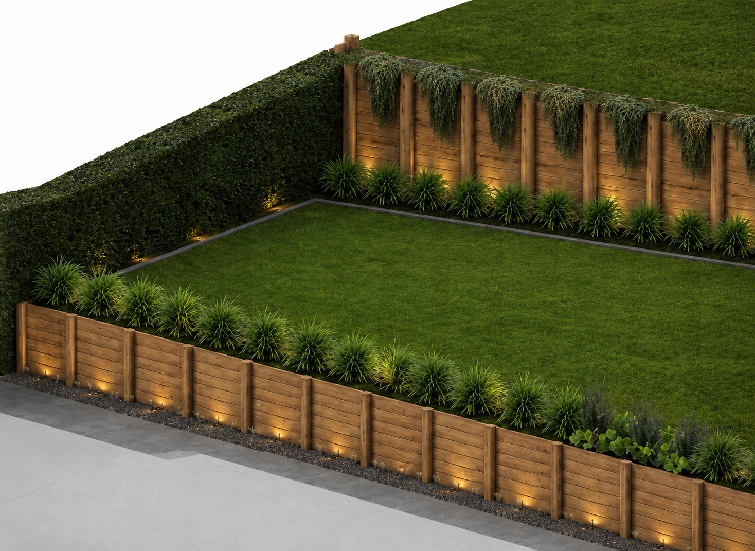 A landscaped backyard garden with a well-maintained grassy lawn surrounded by wooden fencing and lush plants, with decorative lighting along the fence.