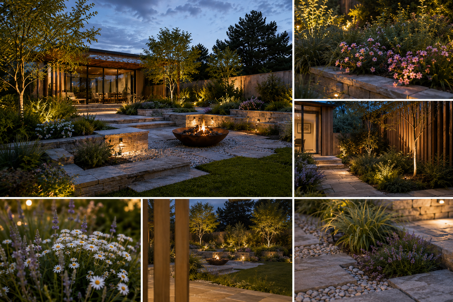 A beautifully landscaped backyard during the evening with a fire pit, stone pathways, garden beds with flowers, trees, and outdoor lighting illuminating the space.
