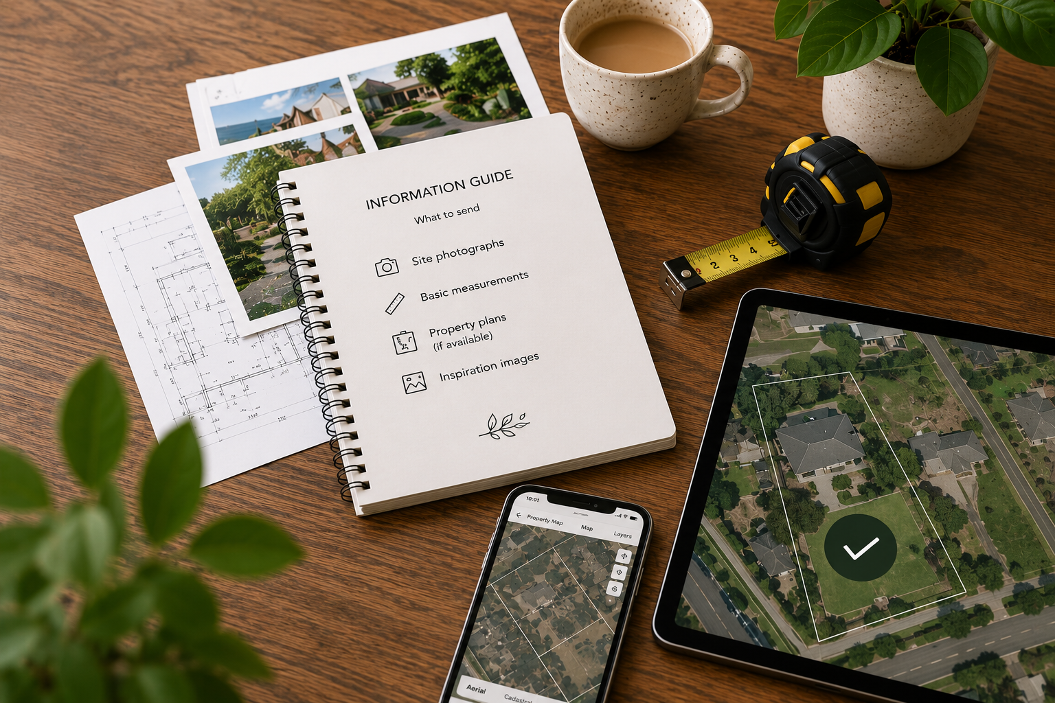 A workspace with real estate planning tools including site photographs, blueprints, a property map on a tablet, a smartphone showing property layers, an information guide, a measuring tape, a cup of coffee, and a potted plant.