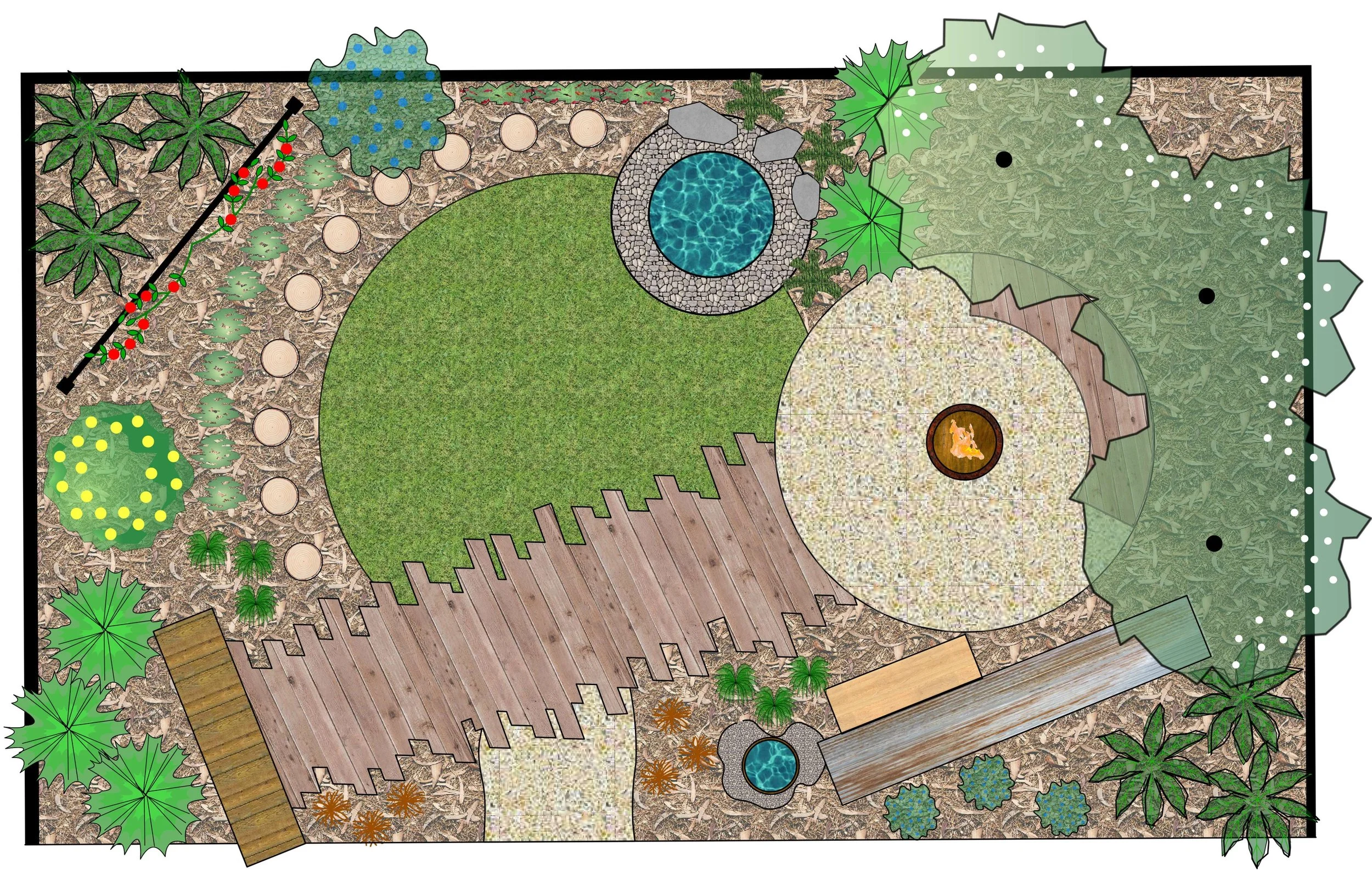 A detailed garden design with pathways, a swimming pool, various plants, and decorative elements.