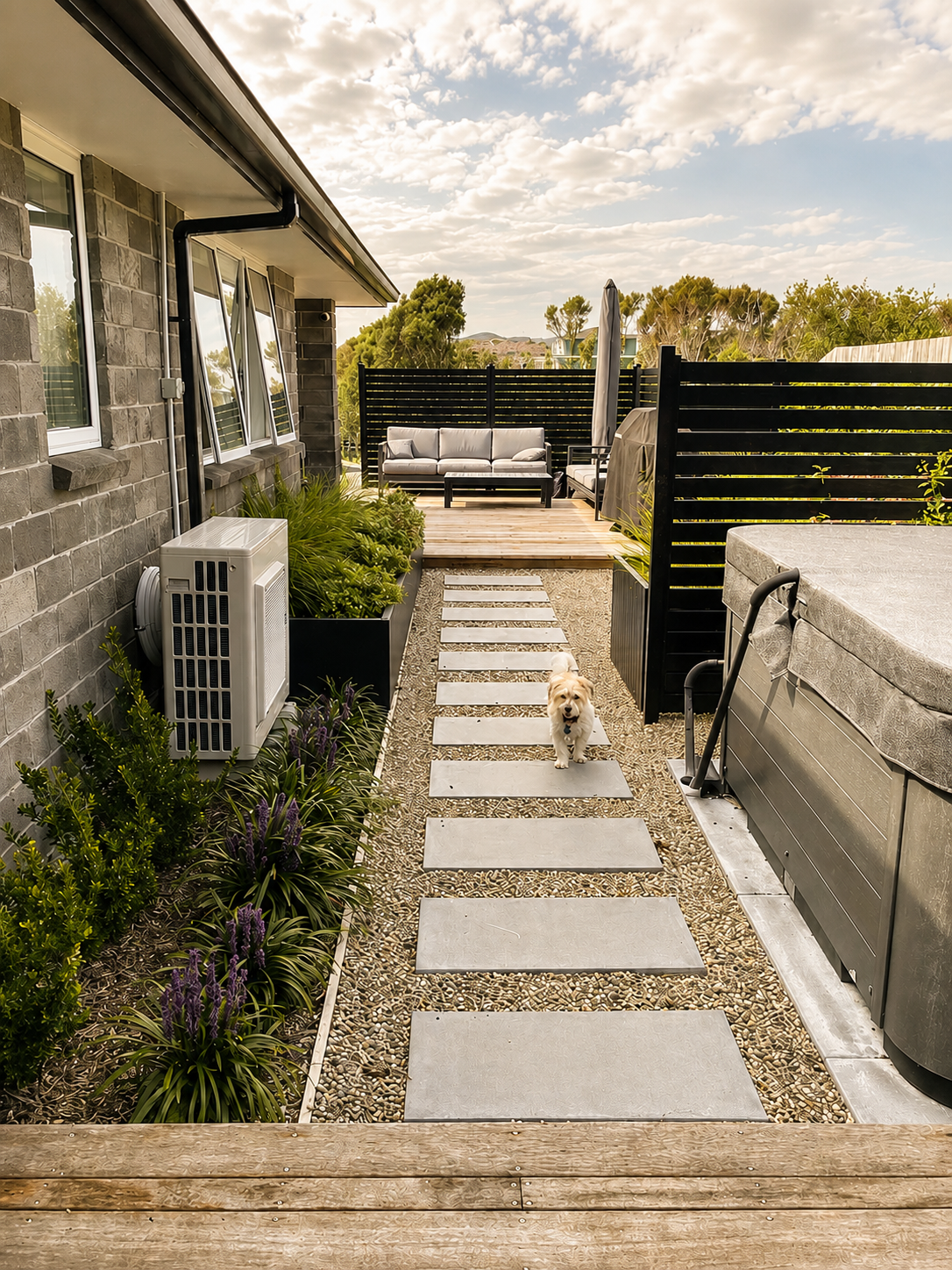 A backyard patio with a pathway leading to a seating area, a hot tub on the right, plants along the left, and a small dog walking on the pathway, with a cloudy sky overhead.