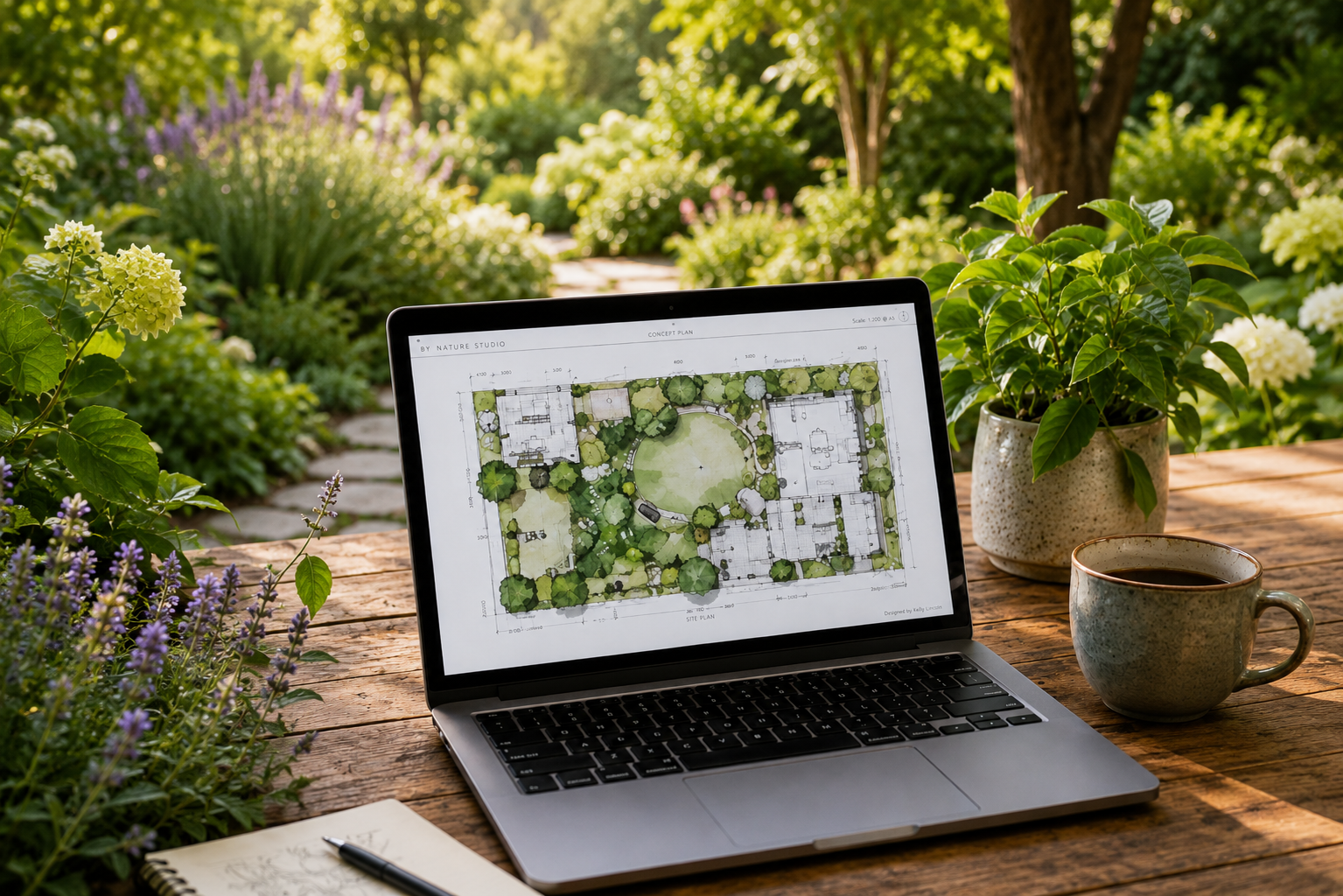 A laptop on a wooden outdoor table displays a landscape landscaping plan, with potted plants and a cup of coffee nearby, in a garden setting.