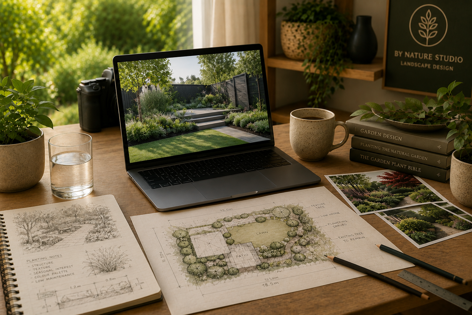 A workspace with a laptop displaying a landscaped garden design, surrounded by gardening books, sketches, photos of plants, potted plants, a cup of coffee, a glass of water, and a camera, set near a window with greenery outside.