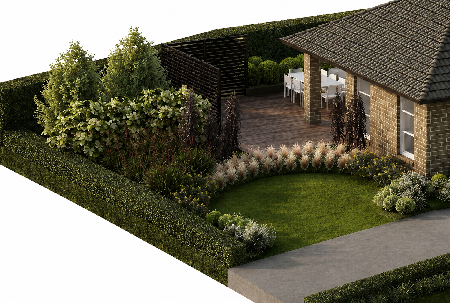 A backyard garden with a brick house, a wooden deck with a white table and chairs, surrounded by green shrubs, trees, and a manicured lawn, enclosed by a hedge.