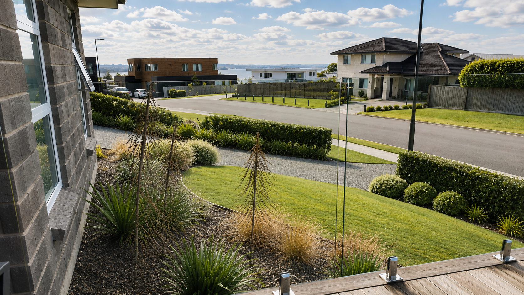 View from a glass balcony overlooking a suburban neighborhood with modern houses, a street, a grassy yard with plants, and a distant body of water under a partly cloudy sky.
