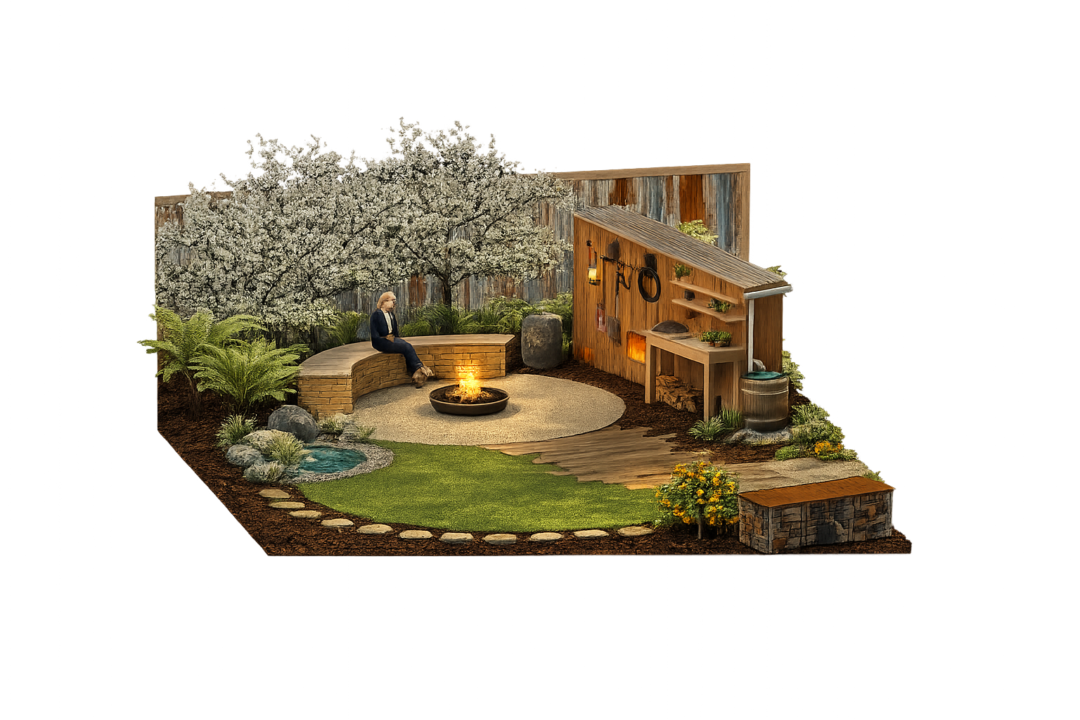 A backyard garden scene with a woman sitting on a curved brick bench near a fire pit, surrounded by lush plants, small pond, blooming trees, and a wooden fence with built-in shelves and a rain barrel, during daytime.