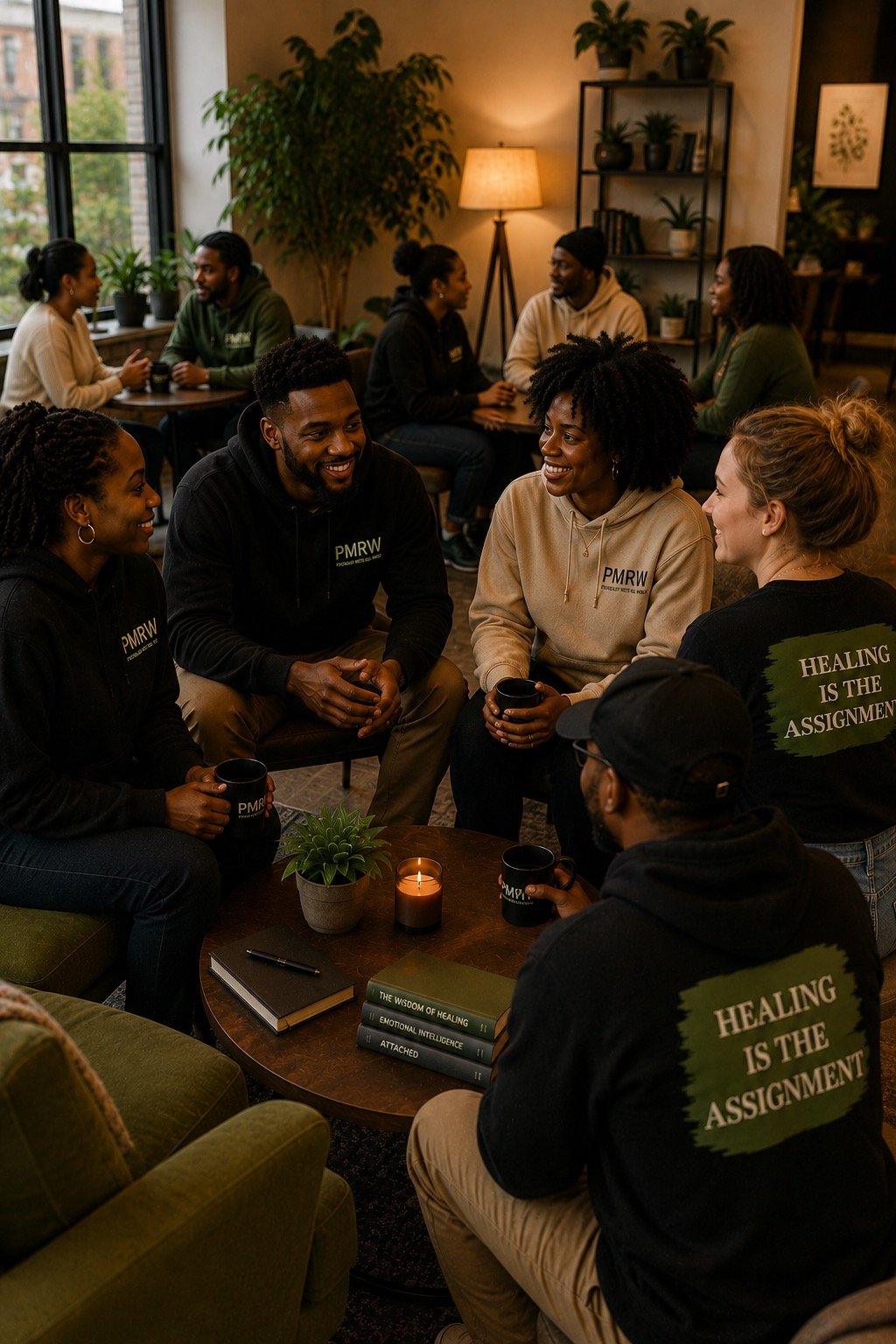Community members participating in a meaningful conversation and personal growth experience.