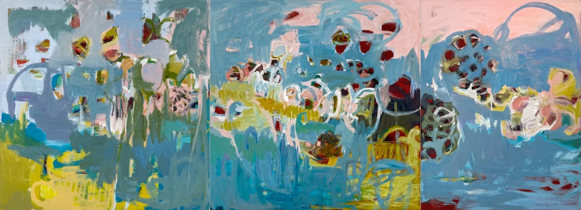 An abstract painting with various pastel colors including blue, pink, yellow, green, and hints of red, featuring layered brushstrokes and shapes reminiscent of flowers and foliage.