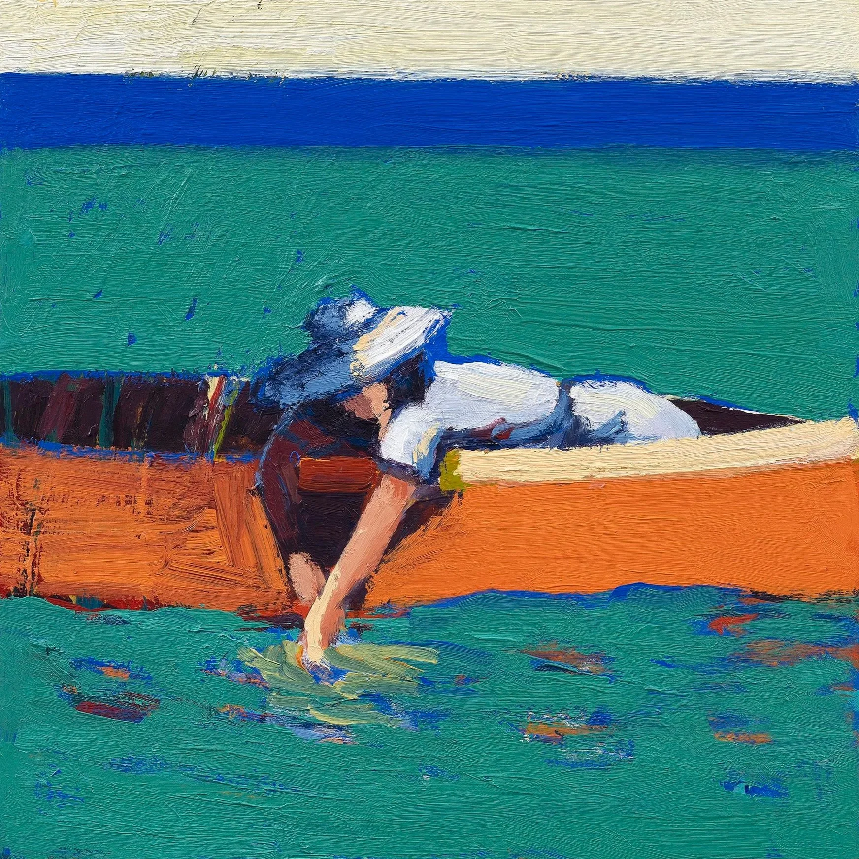An impressionist-style painting of a woman reclining on an orange surface, wearing a white dress and a wide-brimmed hat, with a background of horizontal bands of blue, green, and cream colors.