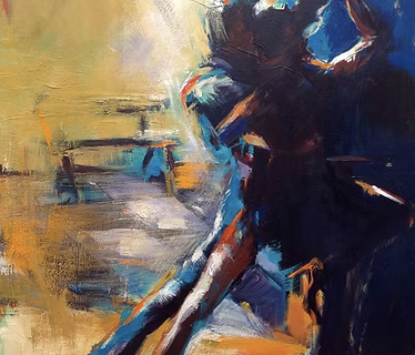 Abstract painting of a female ballet dancer in a black leotard, stretching with one arm behind her head and the other on her hip, on a muted background with yellow, blue, and gray tones.
