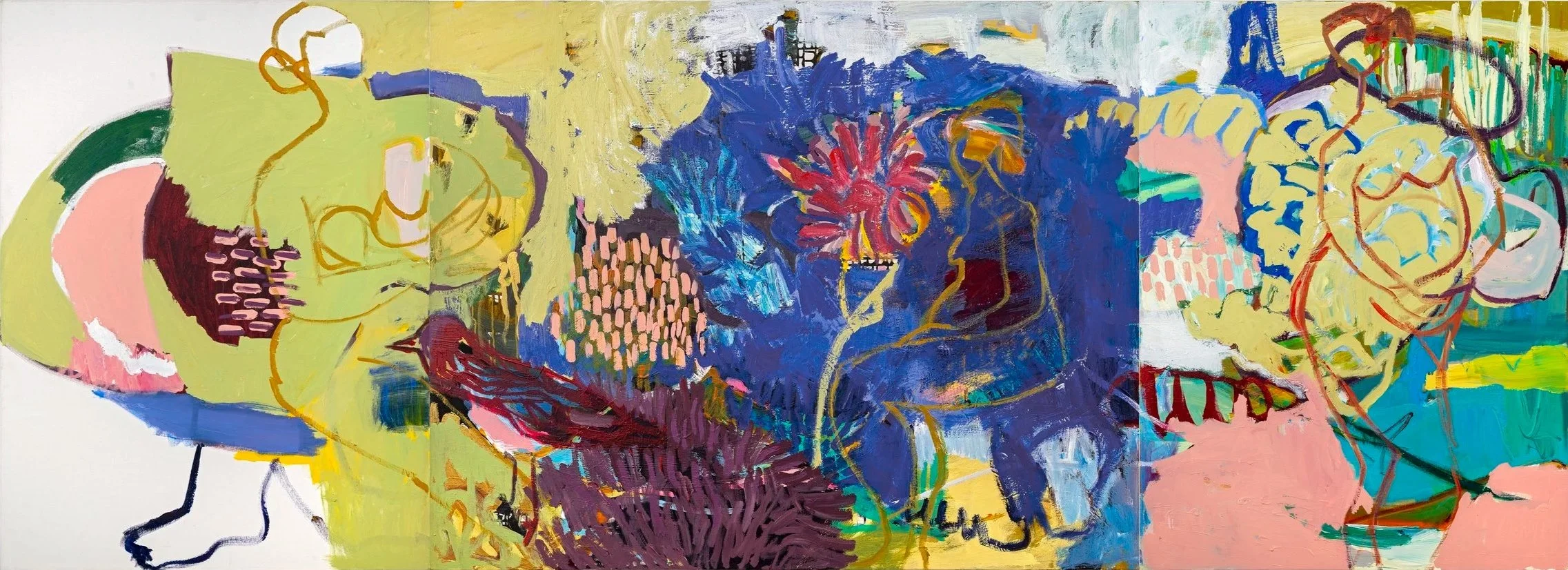 Abstract colorful painting with bold strokes and chaotic composition, featuring splashes of blue, yellow, pink, green, and red, with some wavy lines and textured patterns.