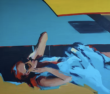 A person lying on a bed with a light blue sheet, holding a phone to their ear, with a partly visible yellow and red structure overhead.