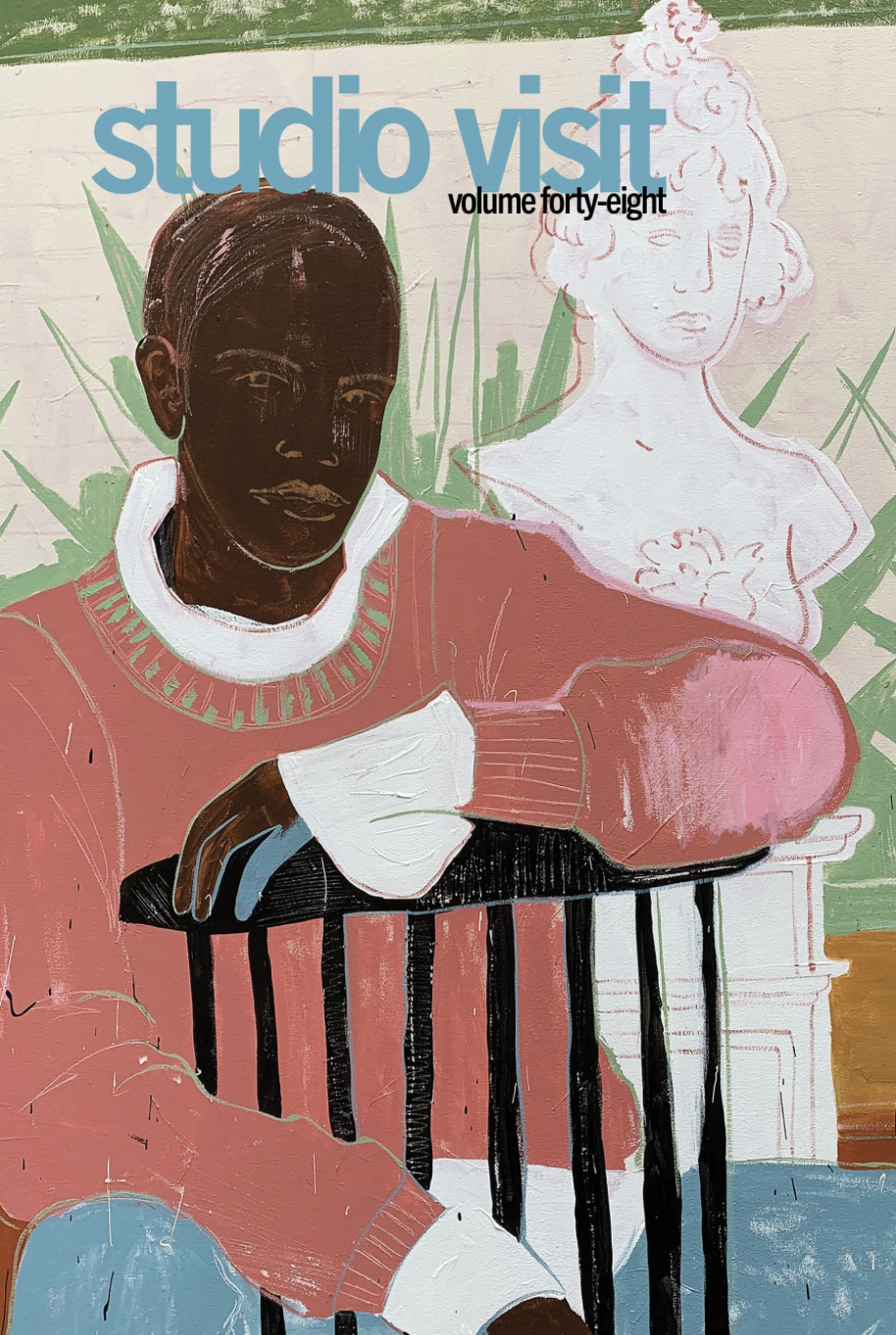 Book cover for 'studio visit volume forty-eight' featuring an illustrated woman with dark skin and short hair, resting her arm on a black chair, with a white bust sculpture and green plants in the background.