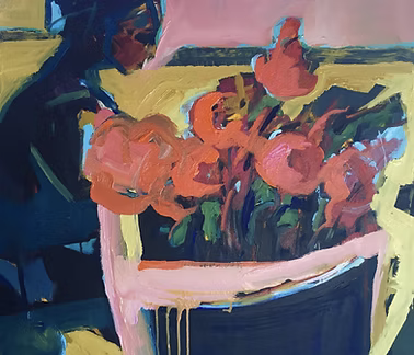 Abstract painting of a flower bouquet in a pink vase on a yellow and green background.
