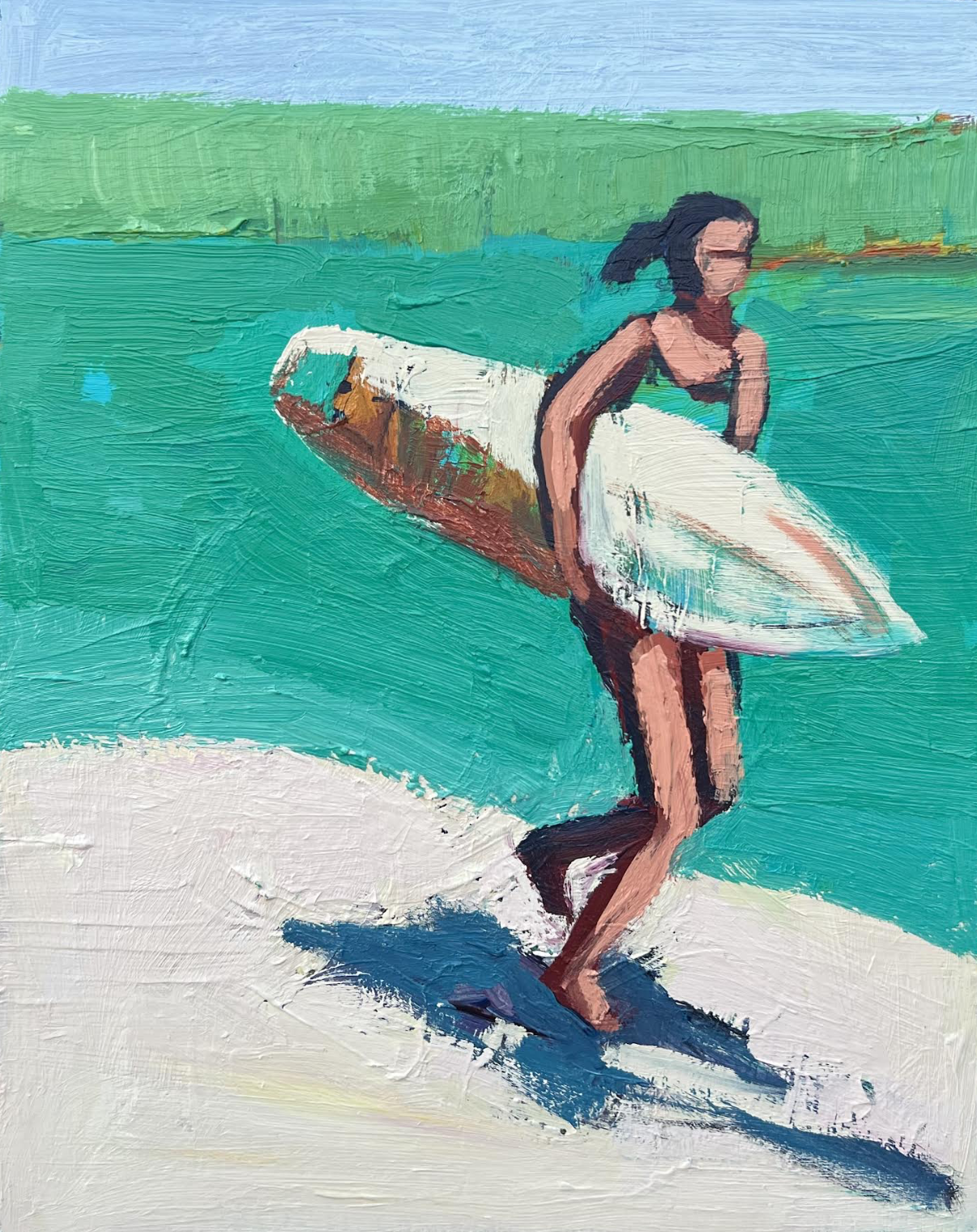 Painting of a woman holding a surfboard on a sandy beach, with green and blue water and sky in the background.