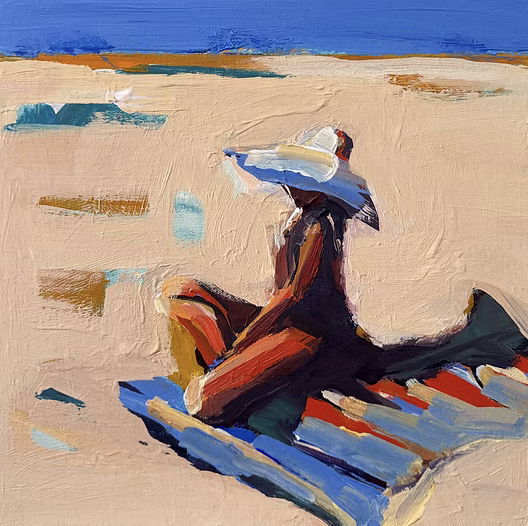 Painting of a woman sitting on a striped beach towel at the beach, wearing a large sun hat. The background shows sand and blue sky.